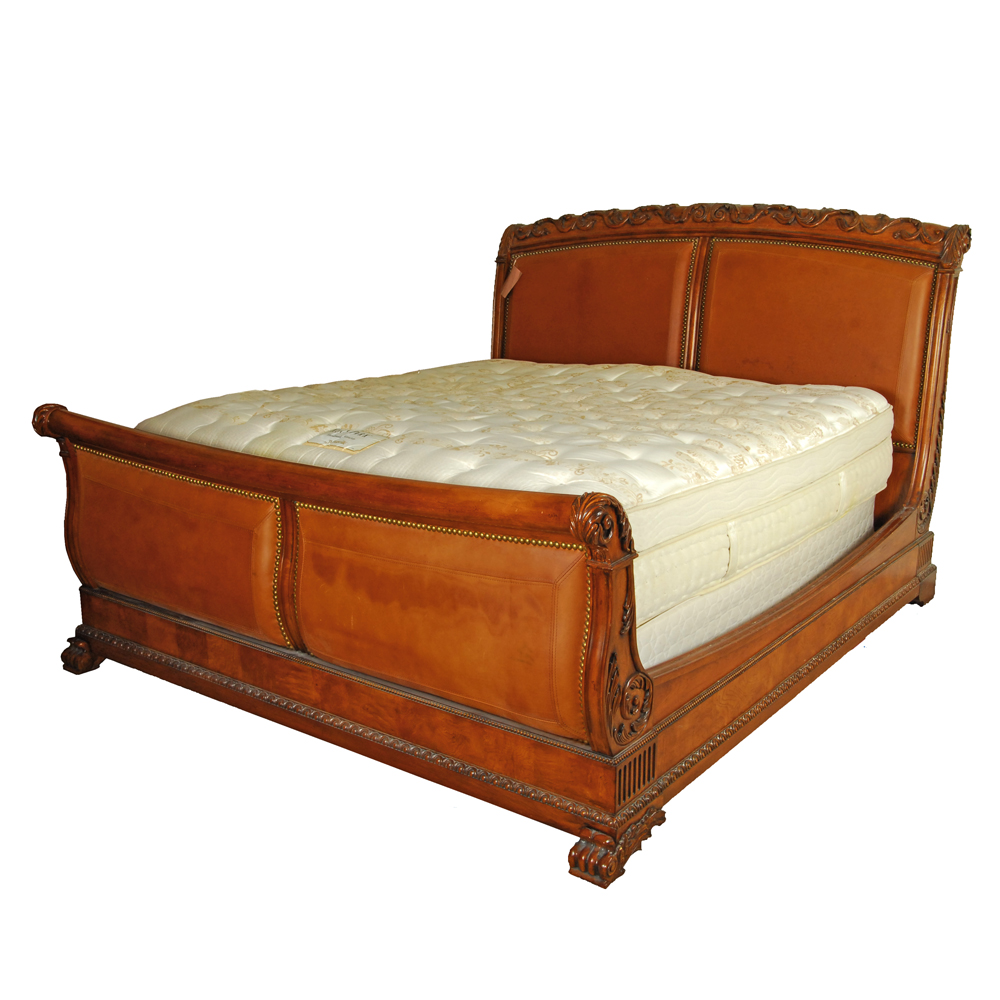 Sleigh Style Leather Upholstered Wooden King Bed Frame EBTH