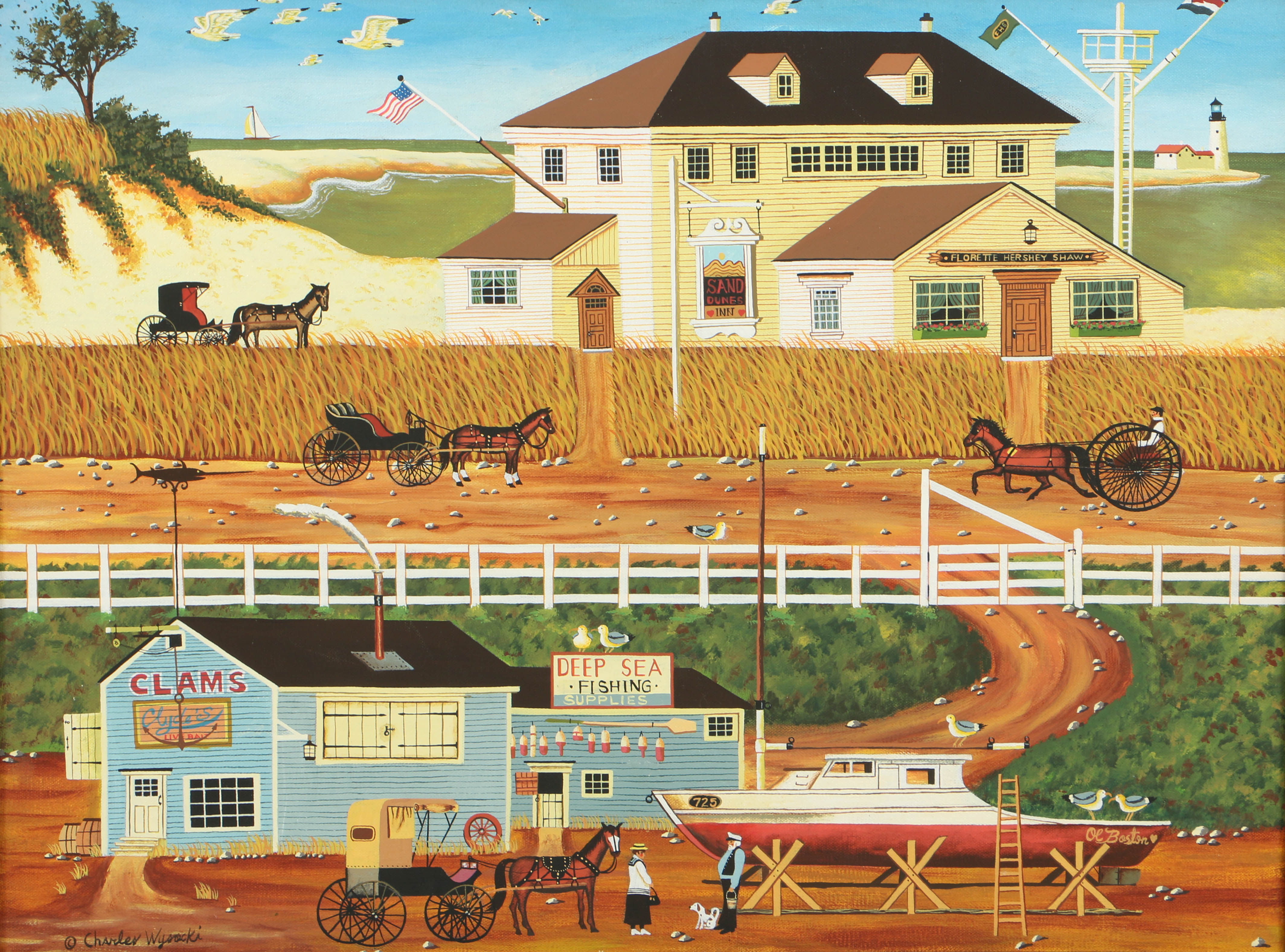 Charles Wysocki Oil Painting on Canvas Folk Style Townscape EBTH