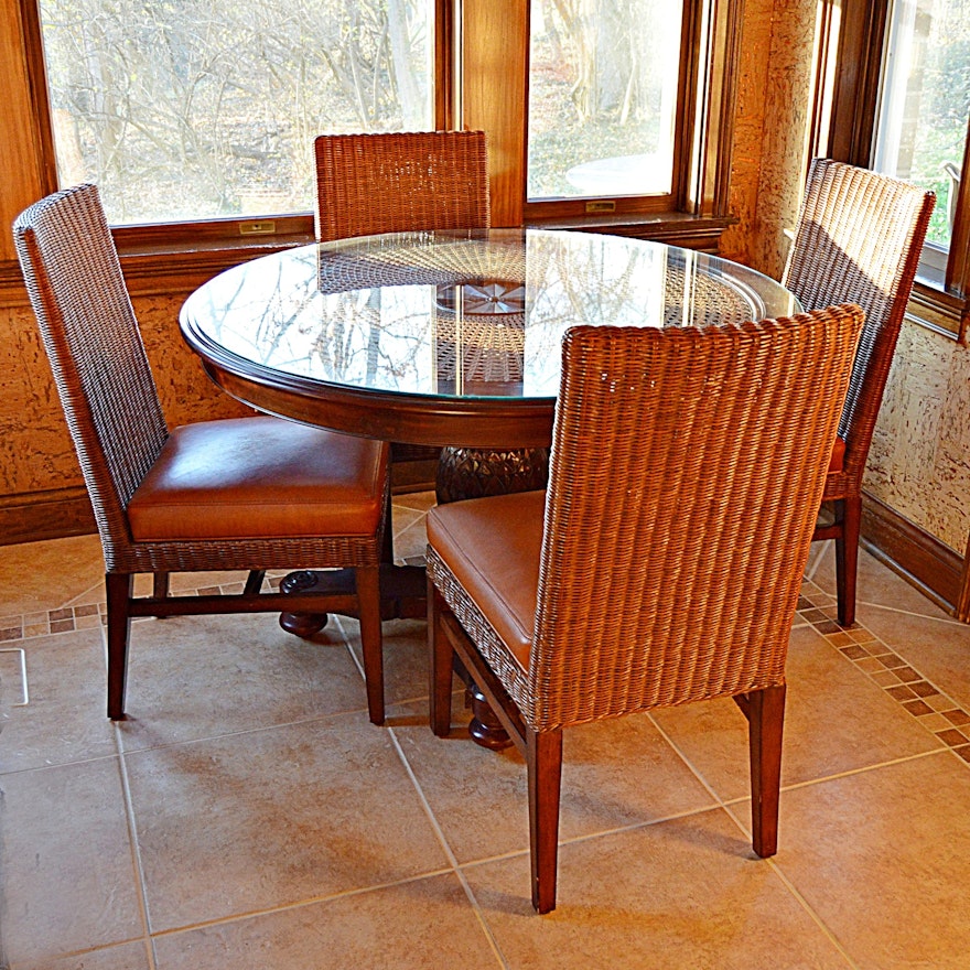 Ethan Allen Wicker And Wood Dining Set With Round Pedestal Table