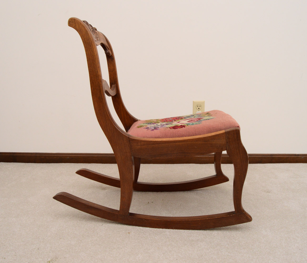 Antique Victorian Low Nursing Rocker with Needlepoint Seat EBTH