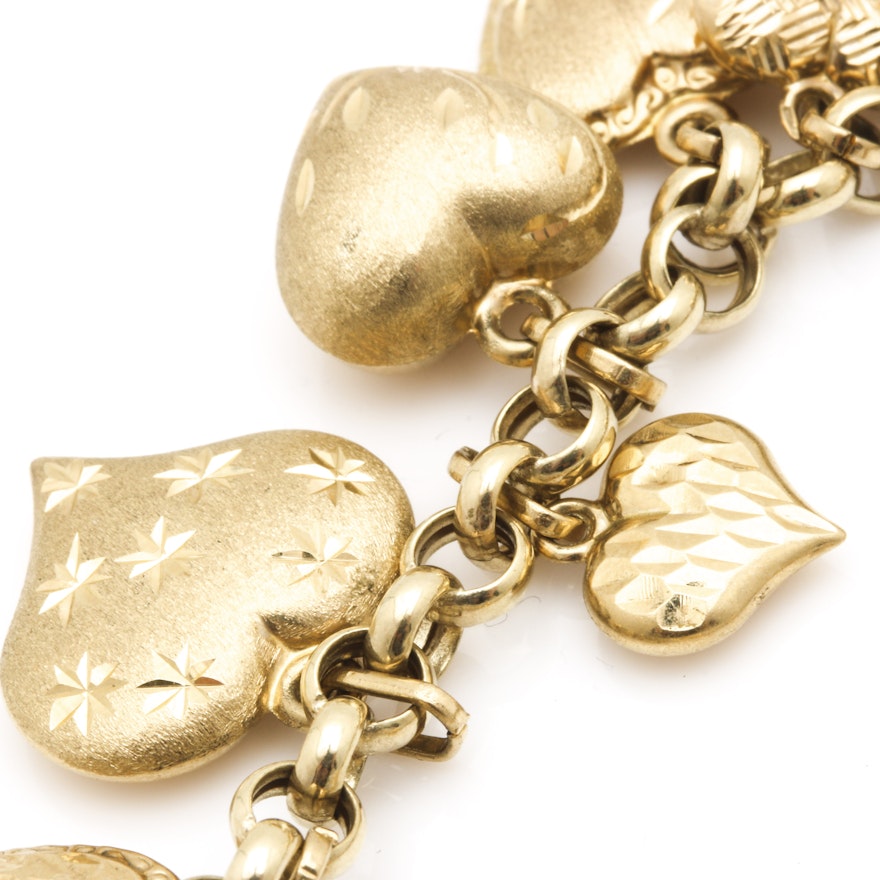 14K Yellow Gold Puffed Heart Charm Bracelet | EBTH