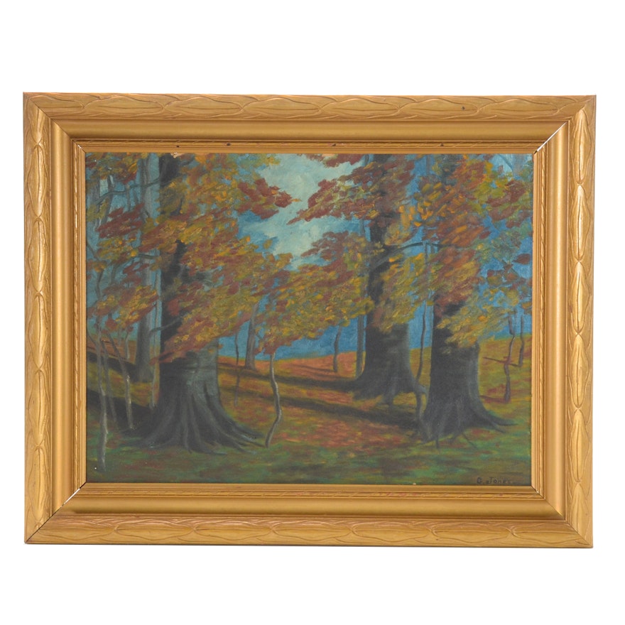 G Jones Oil Painting On Academy Board Of Forest Landscape Ebth G Jones Oil Painting On Academy Board Of Forest Landscape Ebth