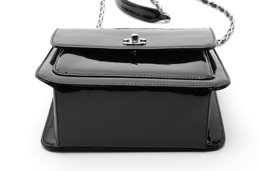 Chanel Black Patent Leather Handbag with Silver Chain and Dust Bag | EBTH