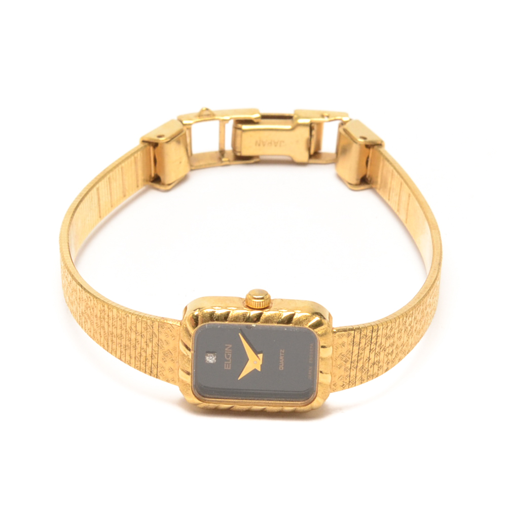 Elgin Quartz Watch With Black Face and Diamond Accent EBTH