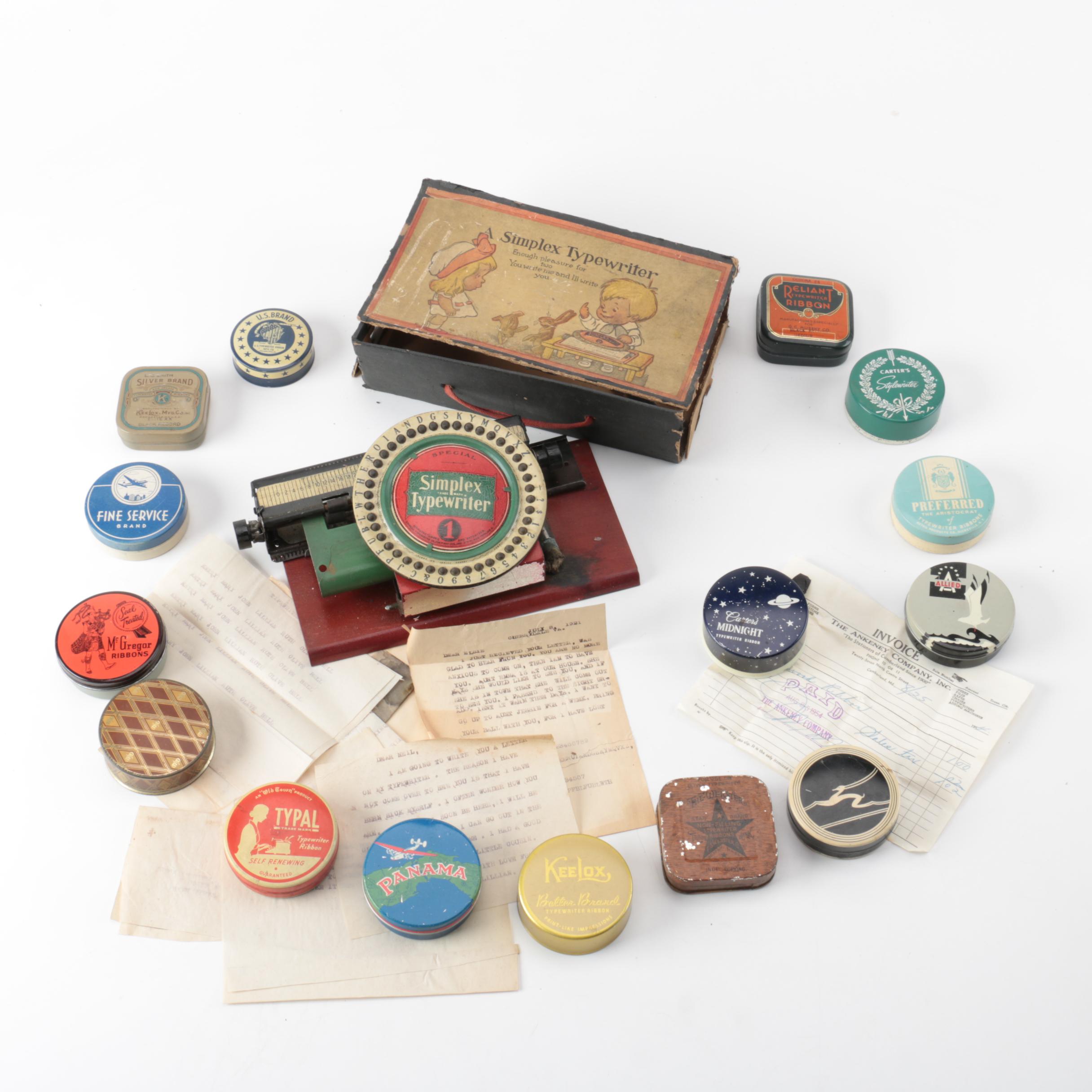 Vintage Simplex Typewriter and Ink Ribbons in Tins EBTH