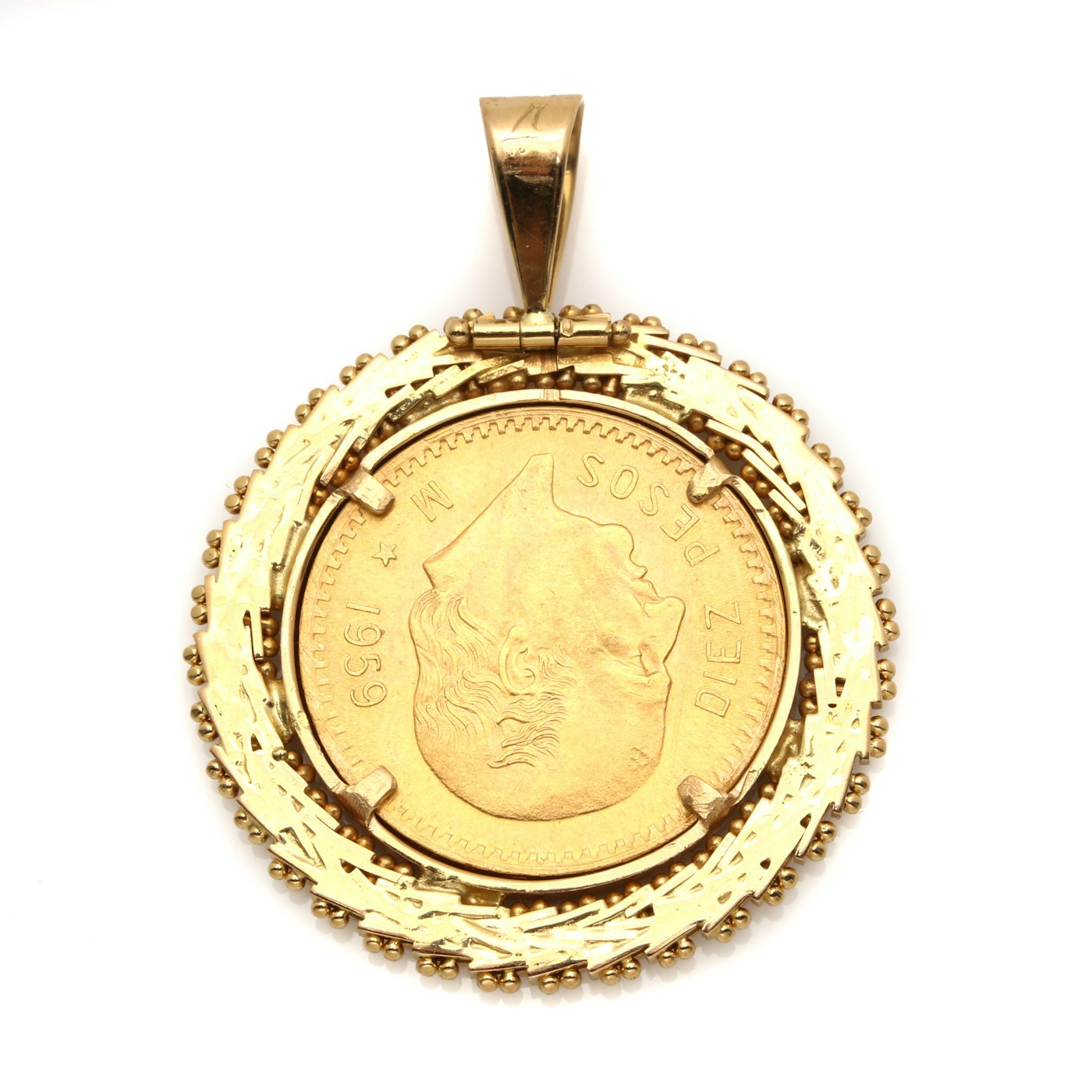 1959 Mexican 10 Peso Gold Coin Pendant EBTH 1959-mexican-10-peso-gold-coin-pendant-ebth