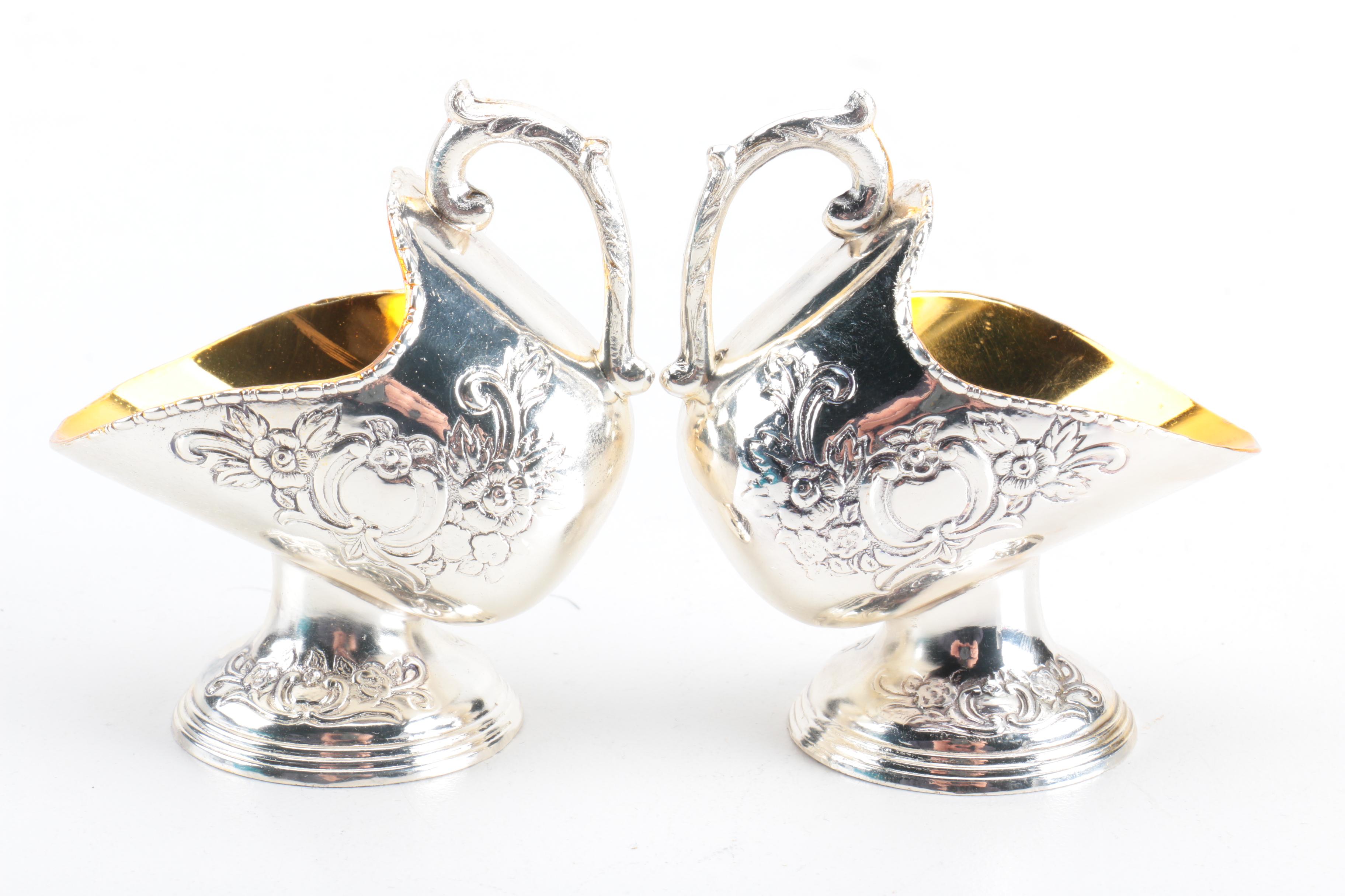 Raimond Silver Plate Salt Cellars with Lead and Copper Sugar Bowl and