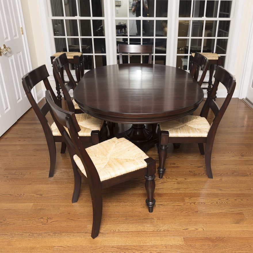 Pottery Barn Montego Mahogany Dining Table With Rush Seat Chairs And Stools