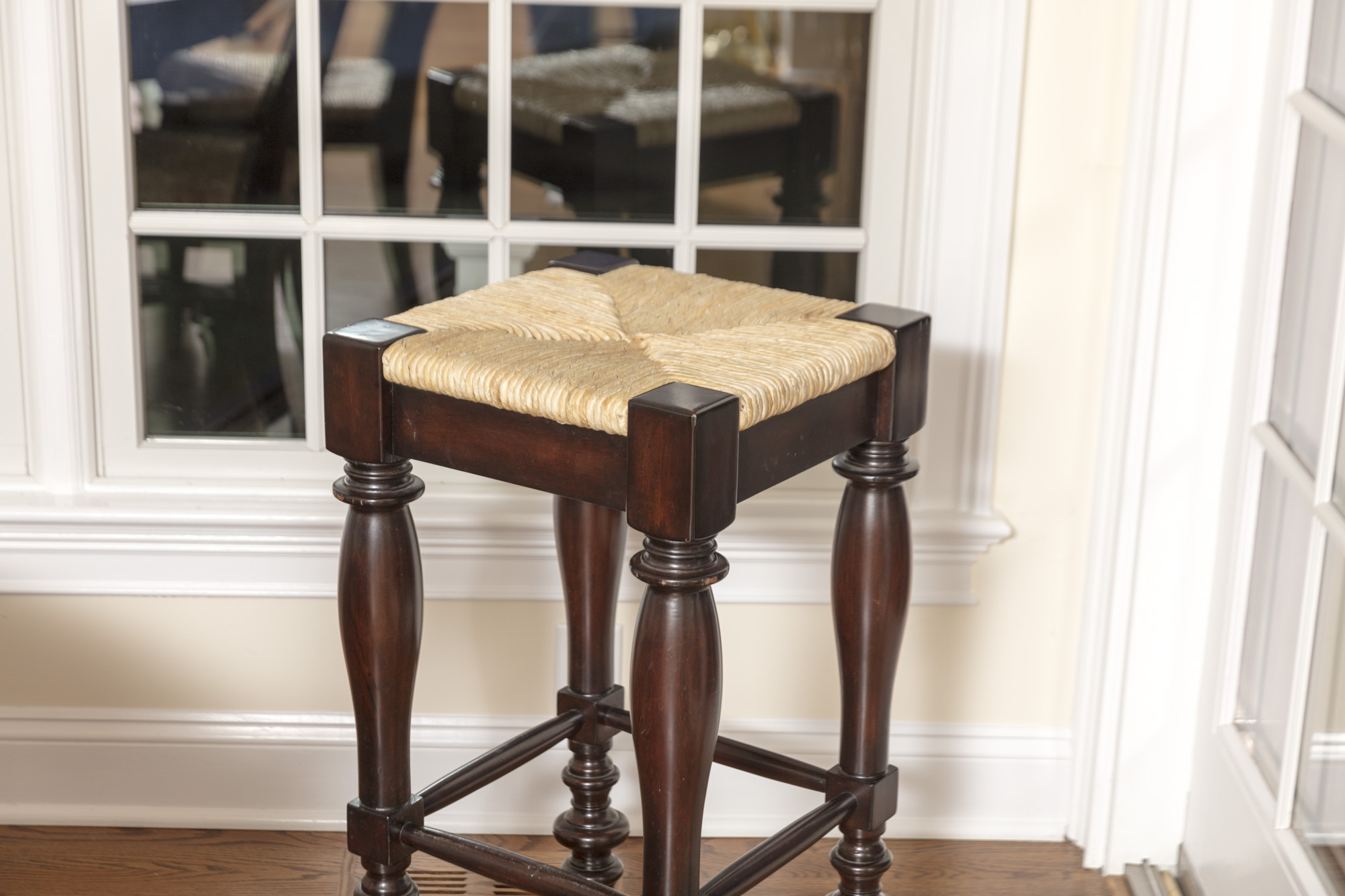 Pottery Barn "Montego" Mahogany Dining Table with Rush Seat Chairs and Stools EBTH