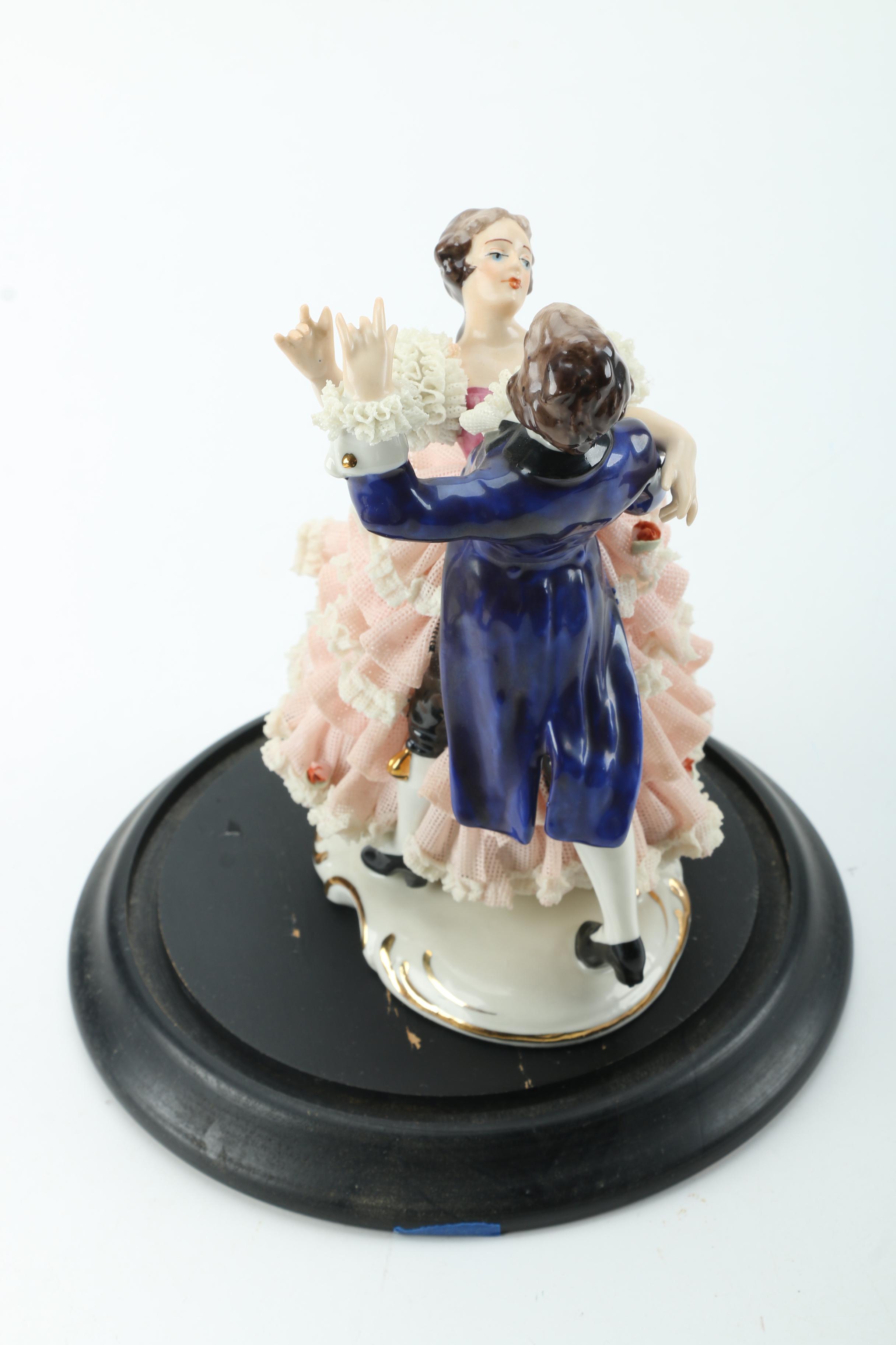 Dresden Art Dancing Couple Figurine With Glass Dome EBTH