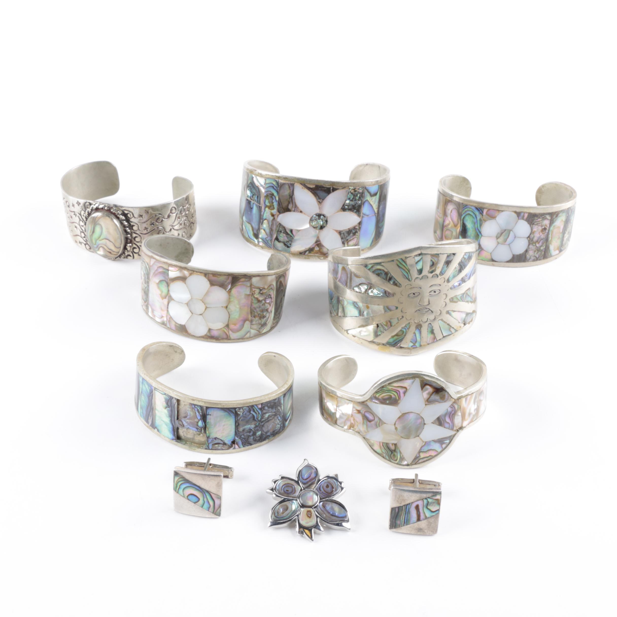 Vintage Mexican Alpaca Silver, Inlaid Abalone and Mother of Pearl