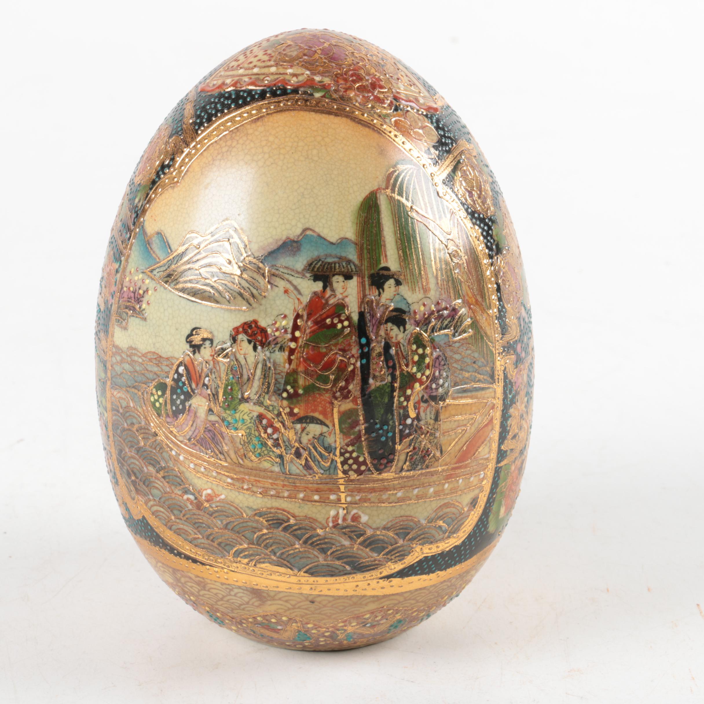 Chinese Decorative Satsuma Style HandPainted and Moriage Ceramic Egg