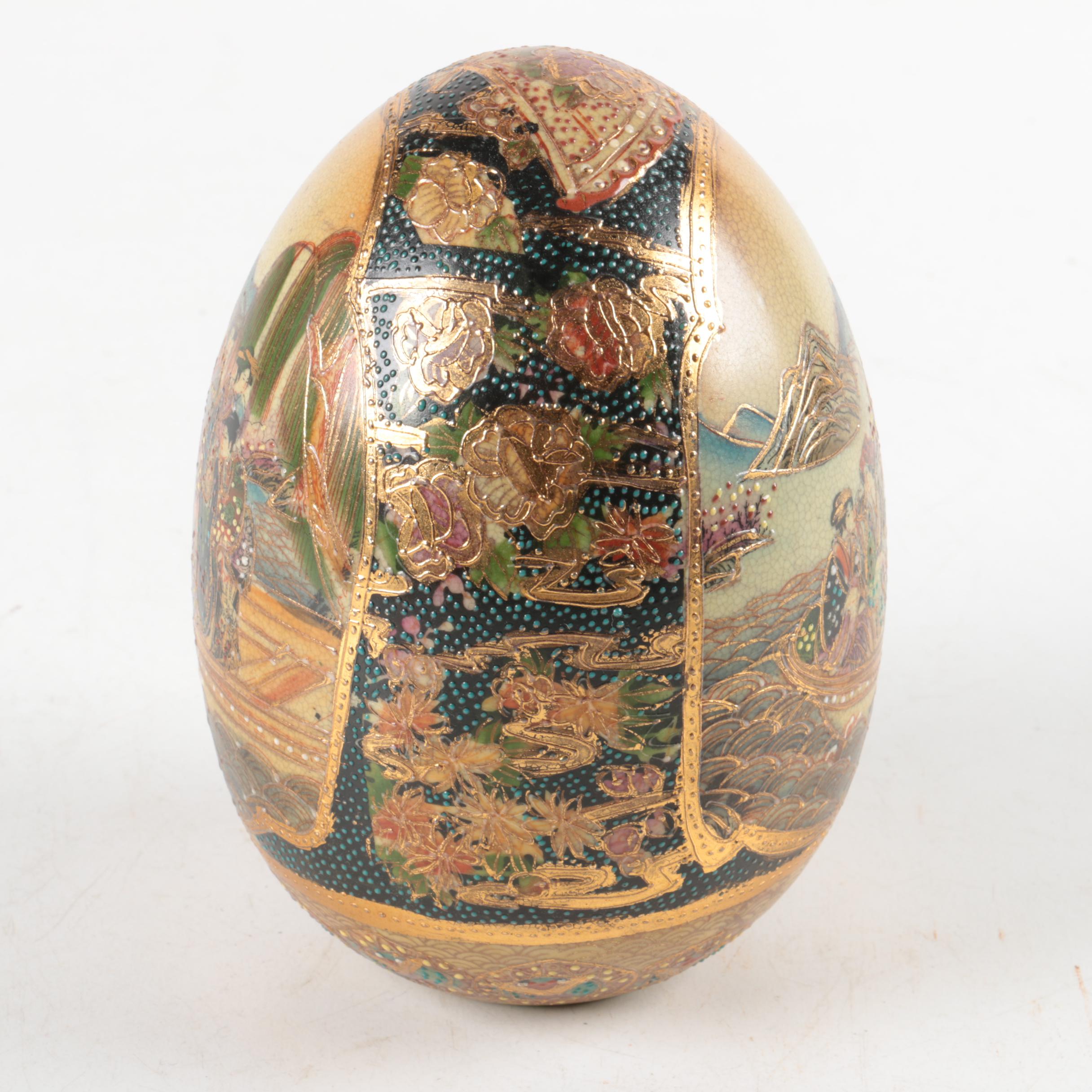Chinese Decorative Satsuma Style HandPainted and Moriage Ceramic Egg