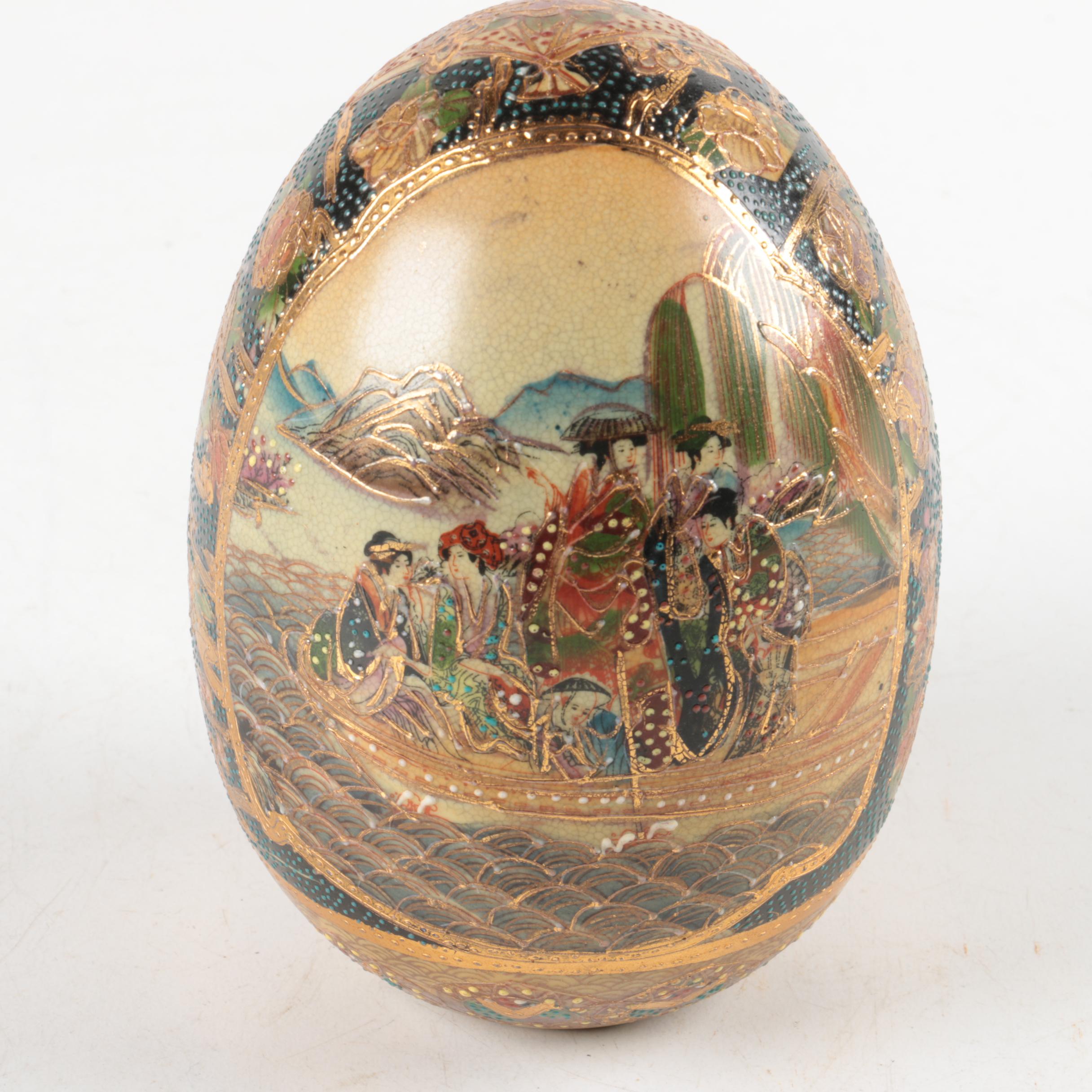Chinese Decorative Satsuma Style HandPainted and Moriage Ceramic Egg