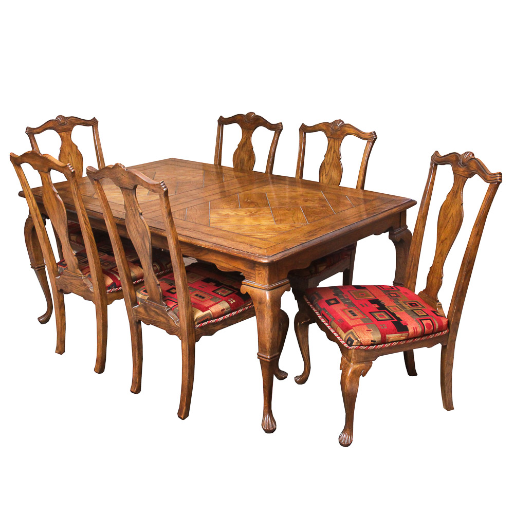 Queen Anne Style Oak Dining Table And Six Chairs By Drexel