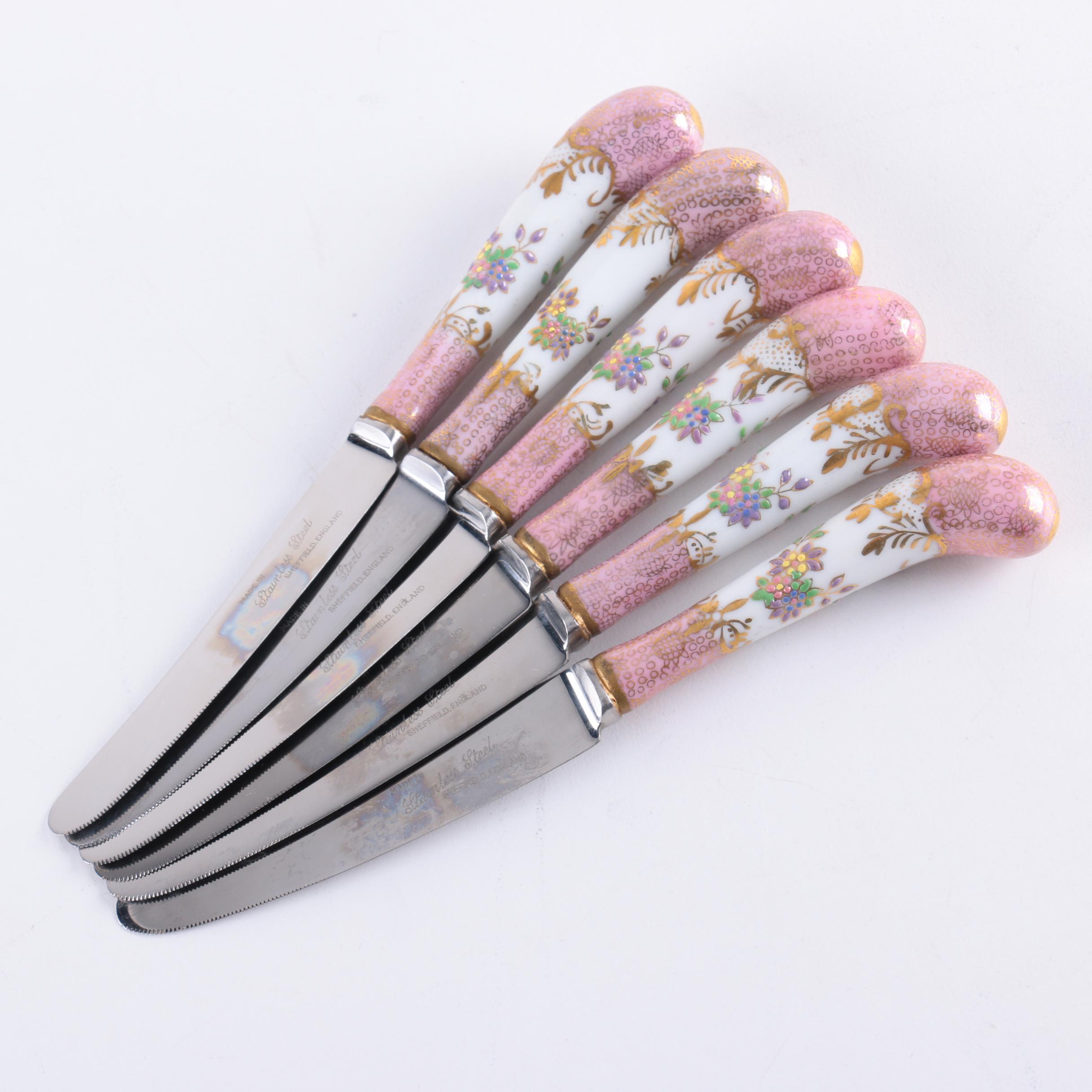 Sheffield Stainless Steel and Hand Painted Porcelain Pistol Handle