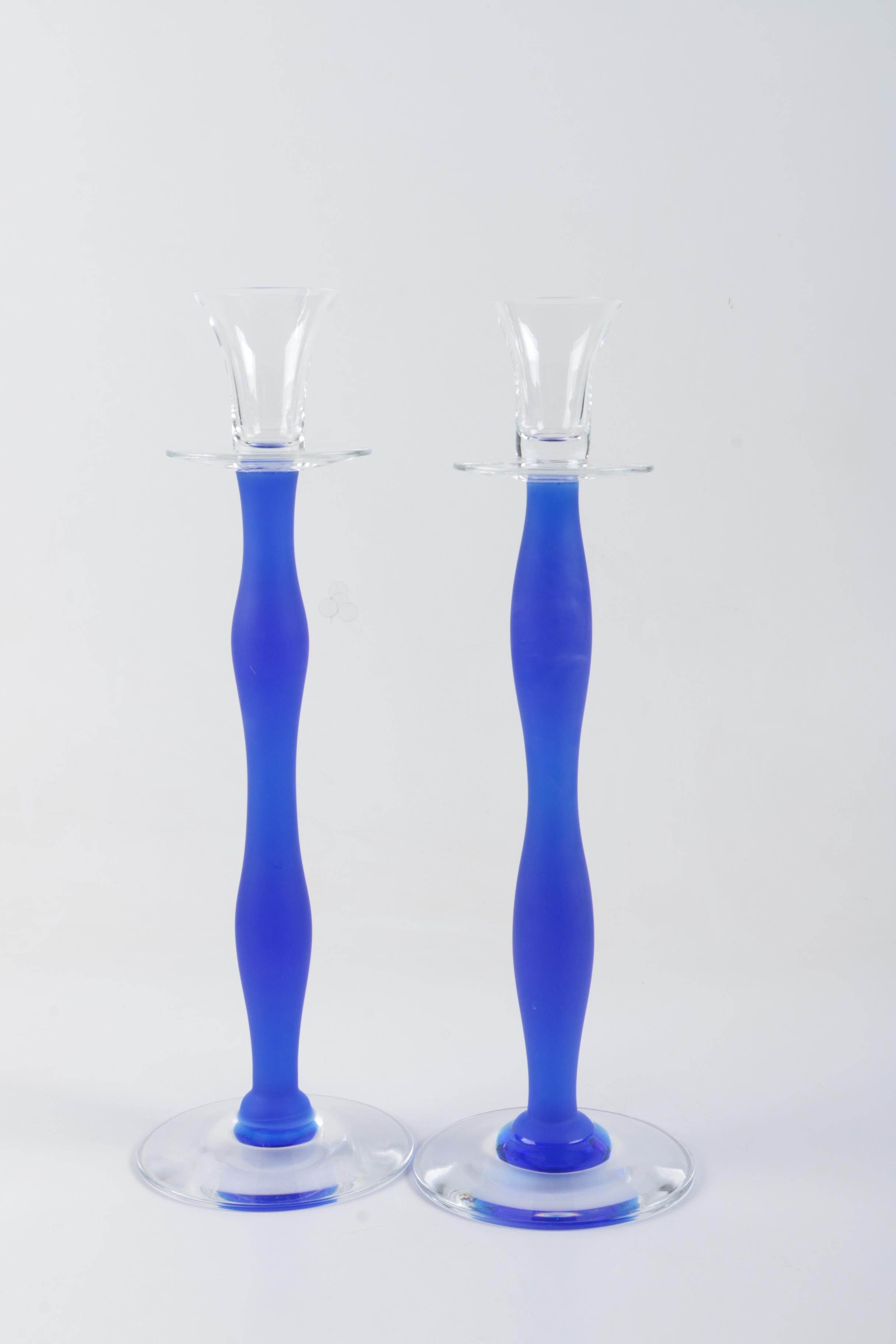 Orrefors "Celeste" Frosted Blue Crystal Candlesticks EBTH
