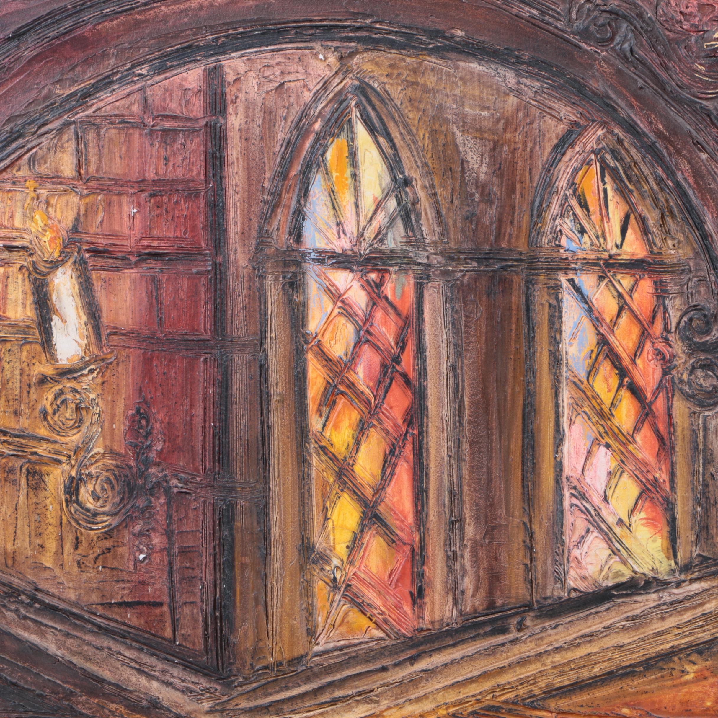 Van Hoople Oil and Gesso Impasto Painting on Board of Passageway with Fountain EBTH