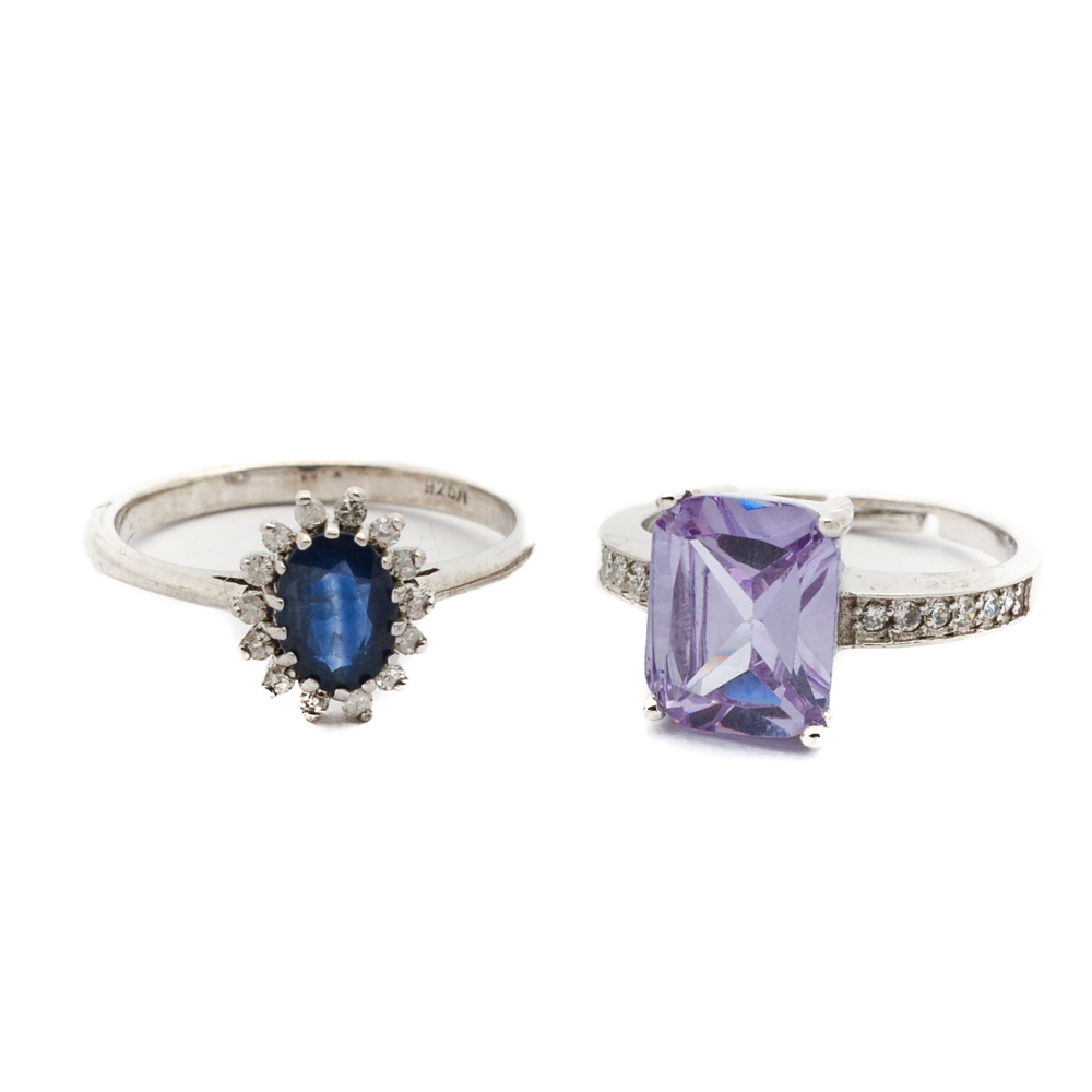 Sterling Silver Blue Sapphire and Cubic Zirconia Rings | EBTH