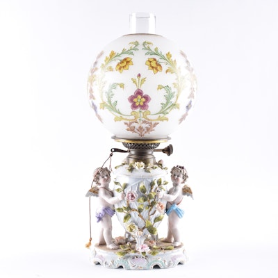Antique Schierholz Porcelain Oil Lamp with Hand-Painted Baccarat Globe Antique Schierholz Porcelain Oil Lamp with Hand-Painted Baccarat Globe