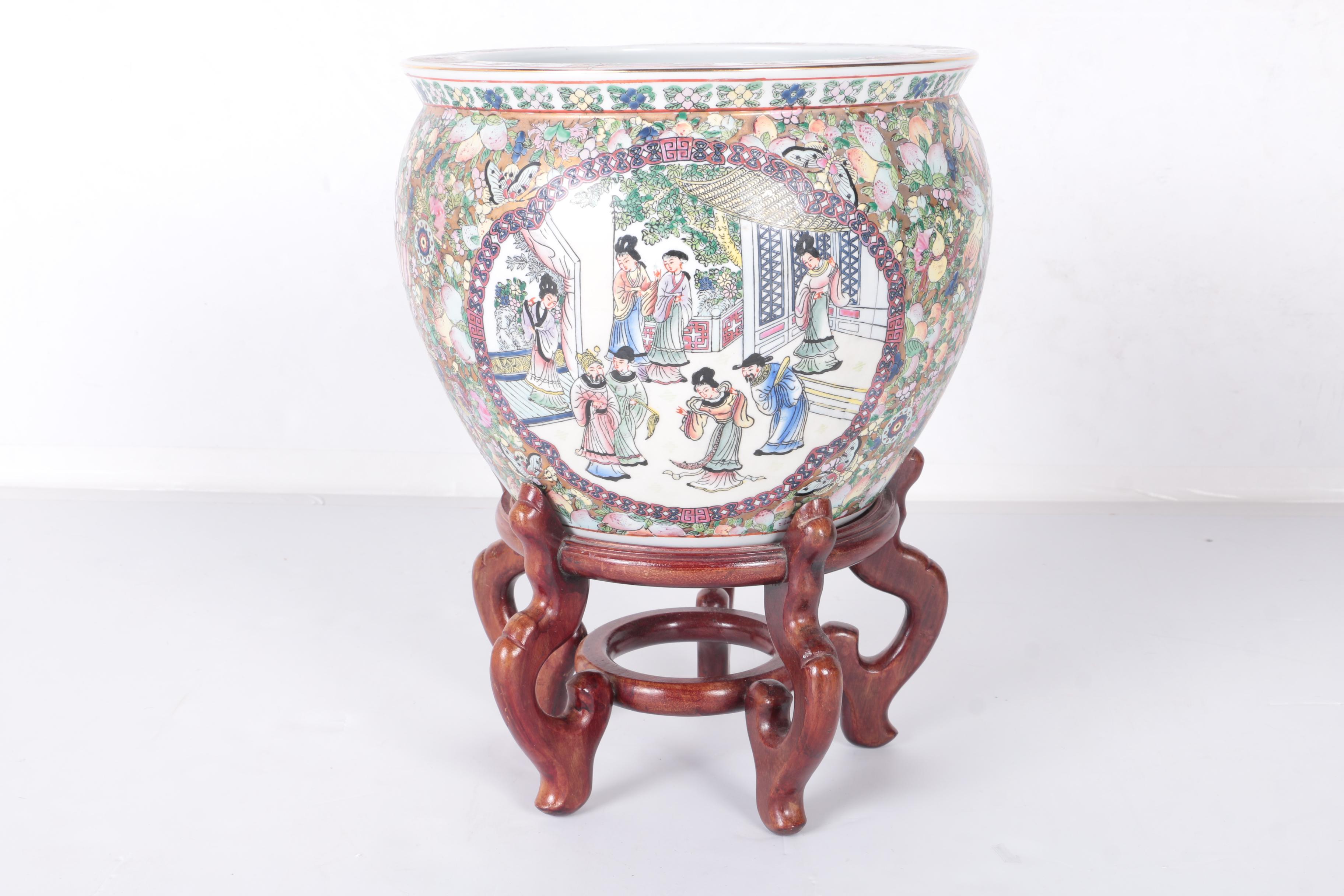 Chinese Ceramic Fish Bowl Planter with Stand EBTH
