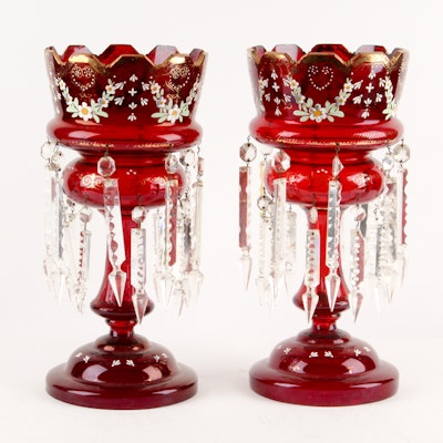 Antique Hand-Painted Bohemian Ruby Glass Mantel Lustres Antique Hand-Painted Bohemian Ruby Glass Mantel Lustres