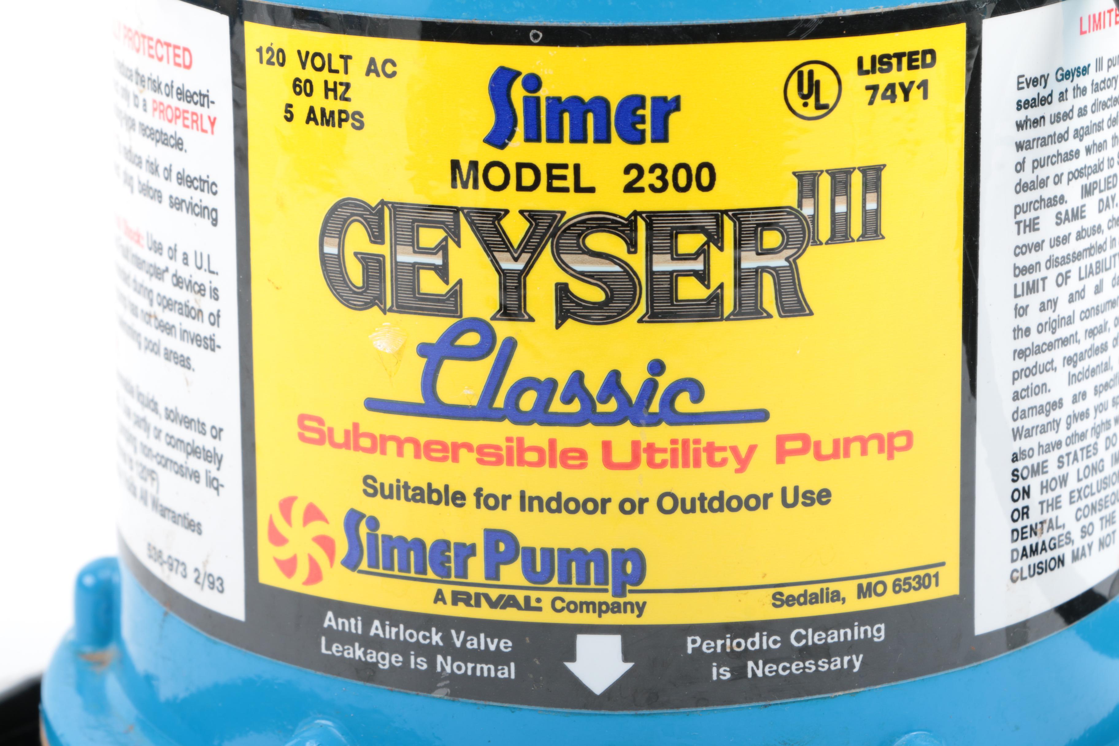 Simer "Geyser III" Model 2300 Submersible Utility Pump EBTH