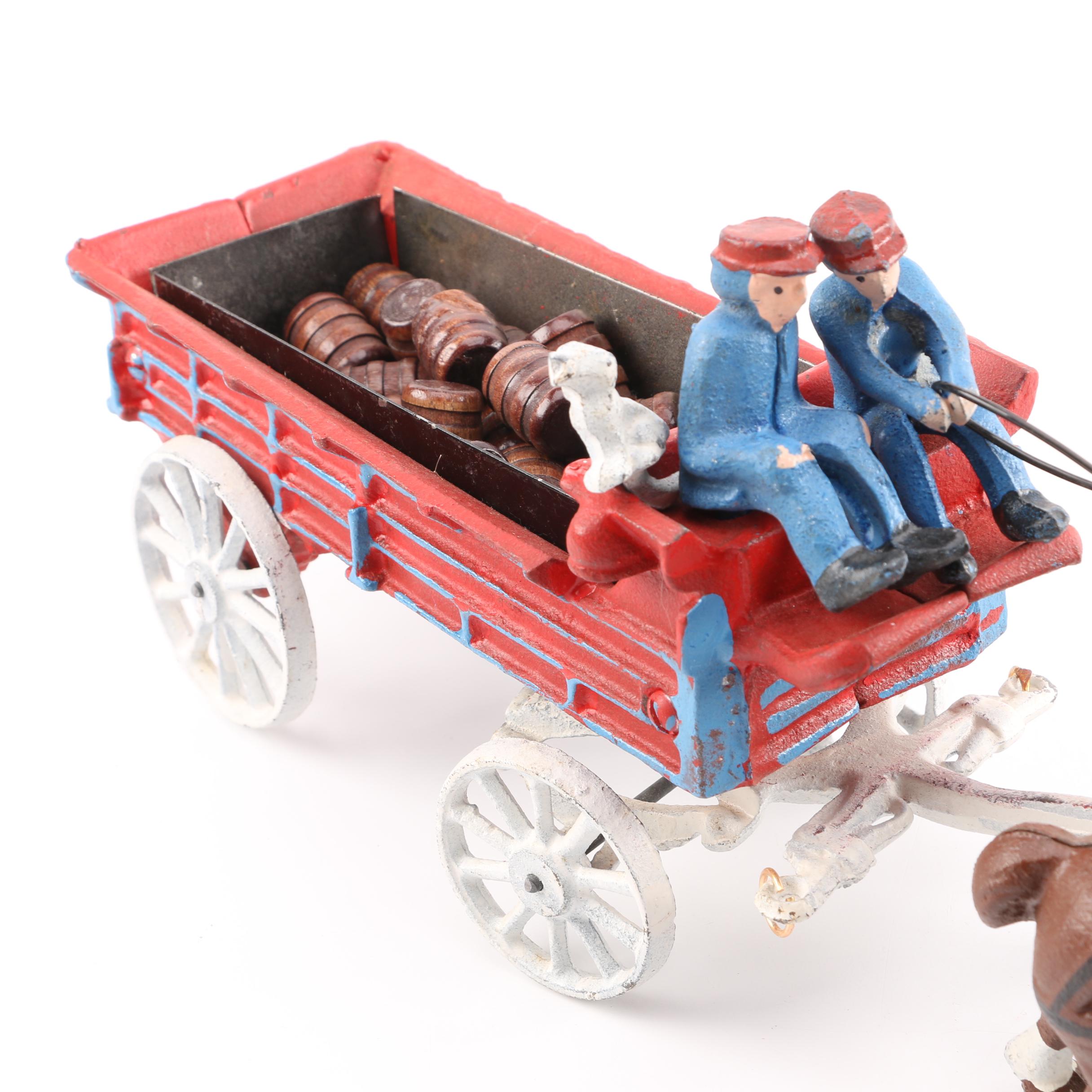 Vintage Cast Iron Horse Drawn Beer Wagon with Barrels EBTH