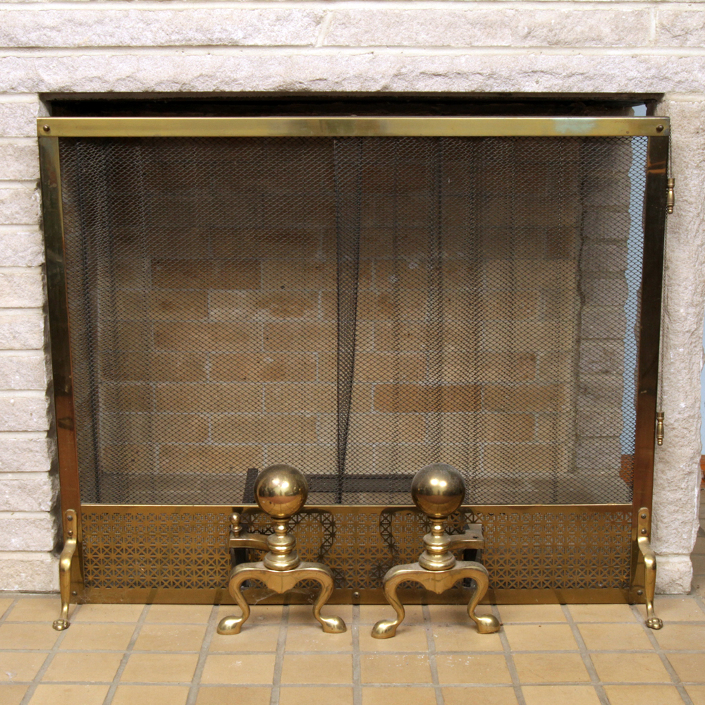 Vintage Brass Fireplace Screen and Andirons EBTH