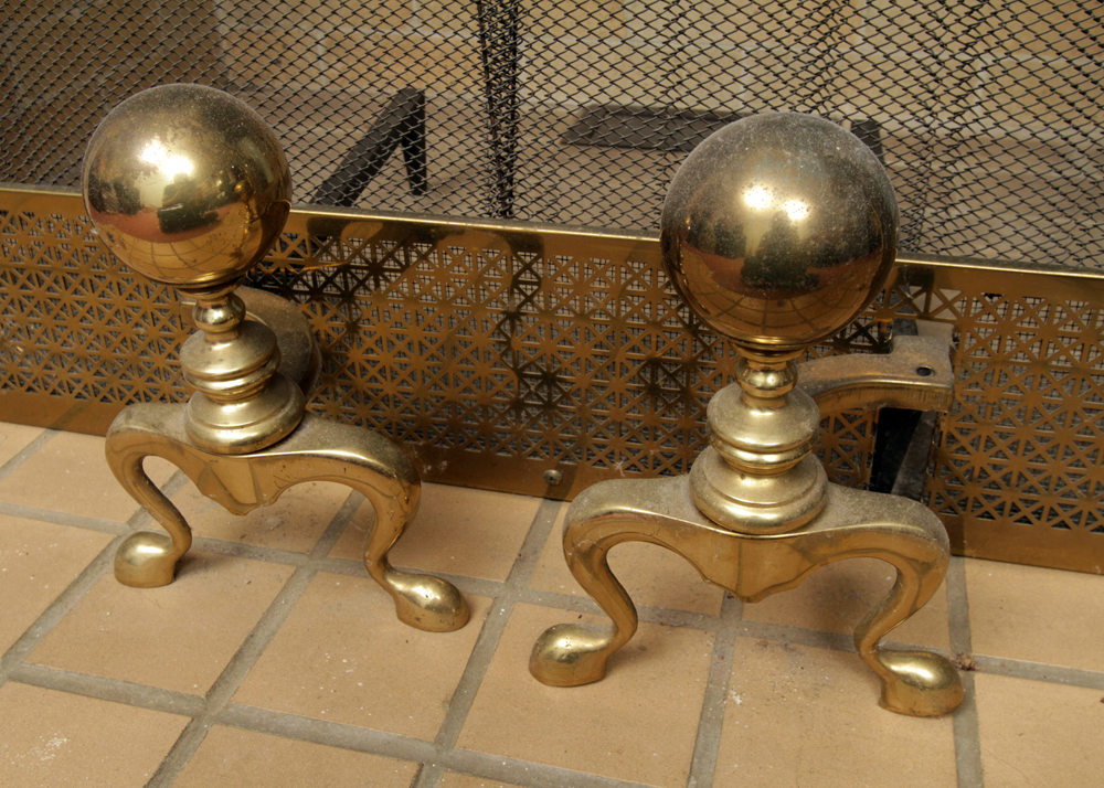 Vintage Brass Fireplace Screen and Andirons EBTH
