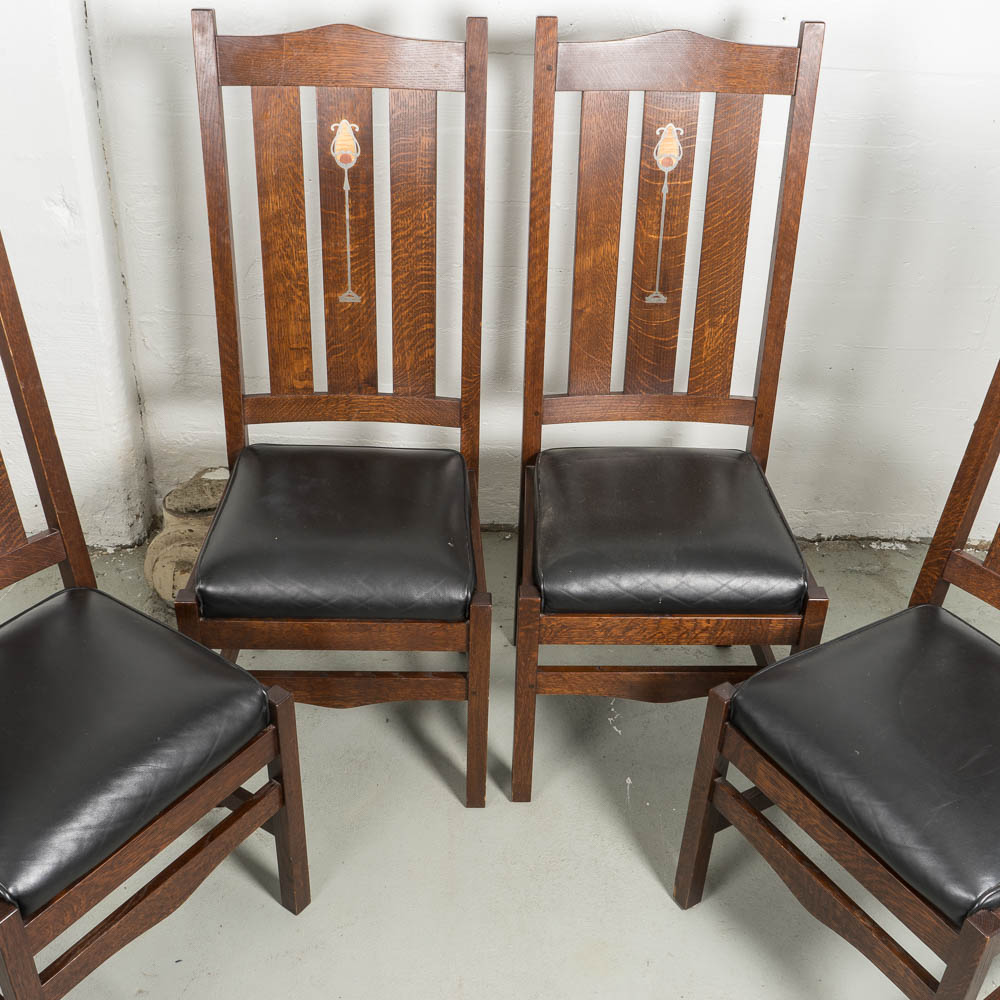 Collection of Stickley QuarterSawn Oak Dining Chairs with Inlays EBTH