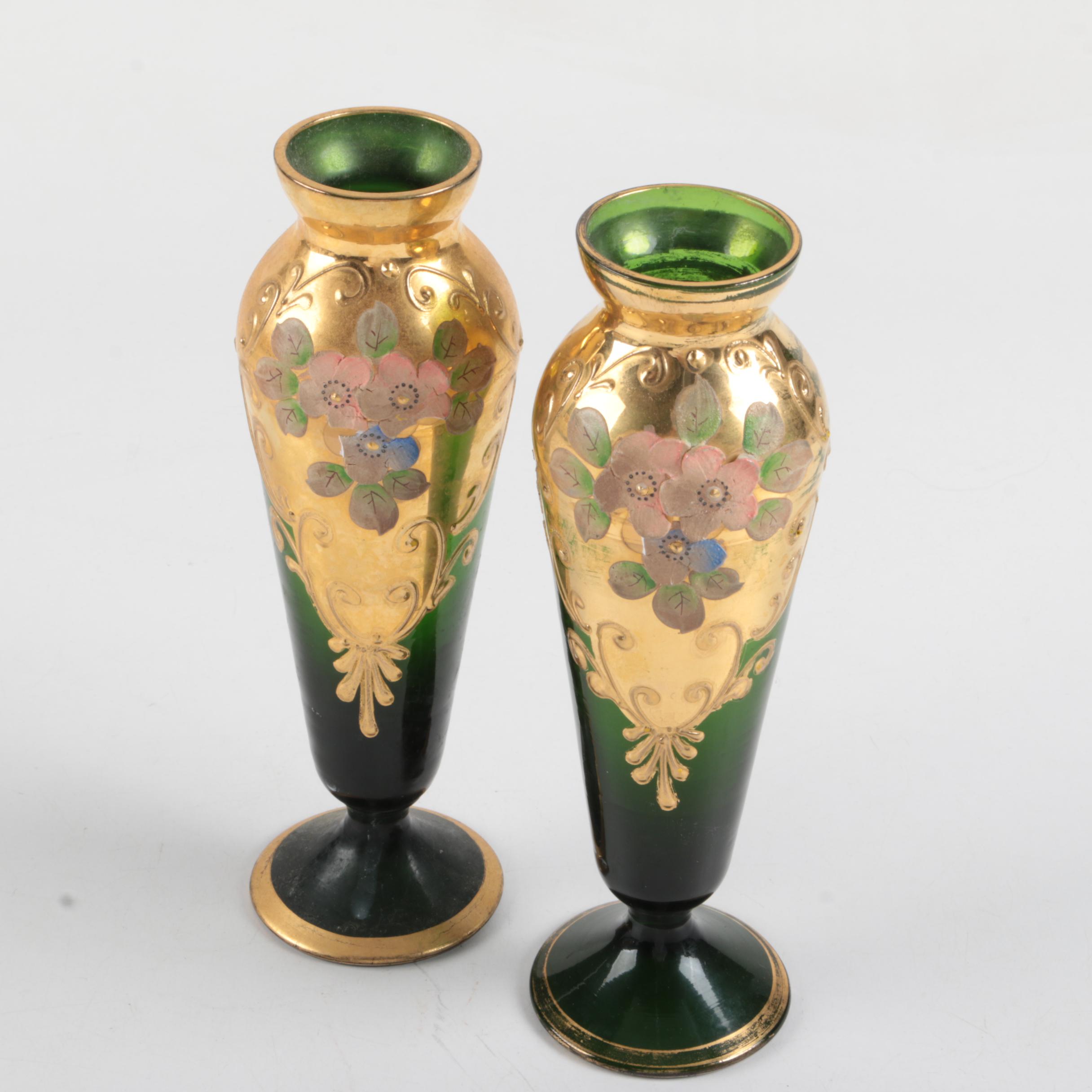 Pair of Bohemian Style Green Glass Bud Vases EBTH