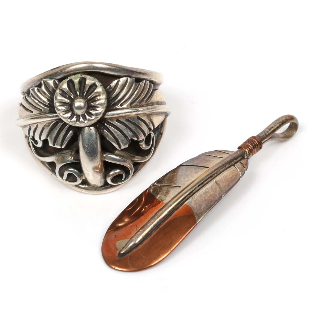 AJ Platero Navajo Sterling Silver Ring and Feather Pendant EBTH