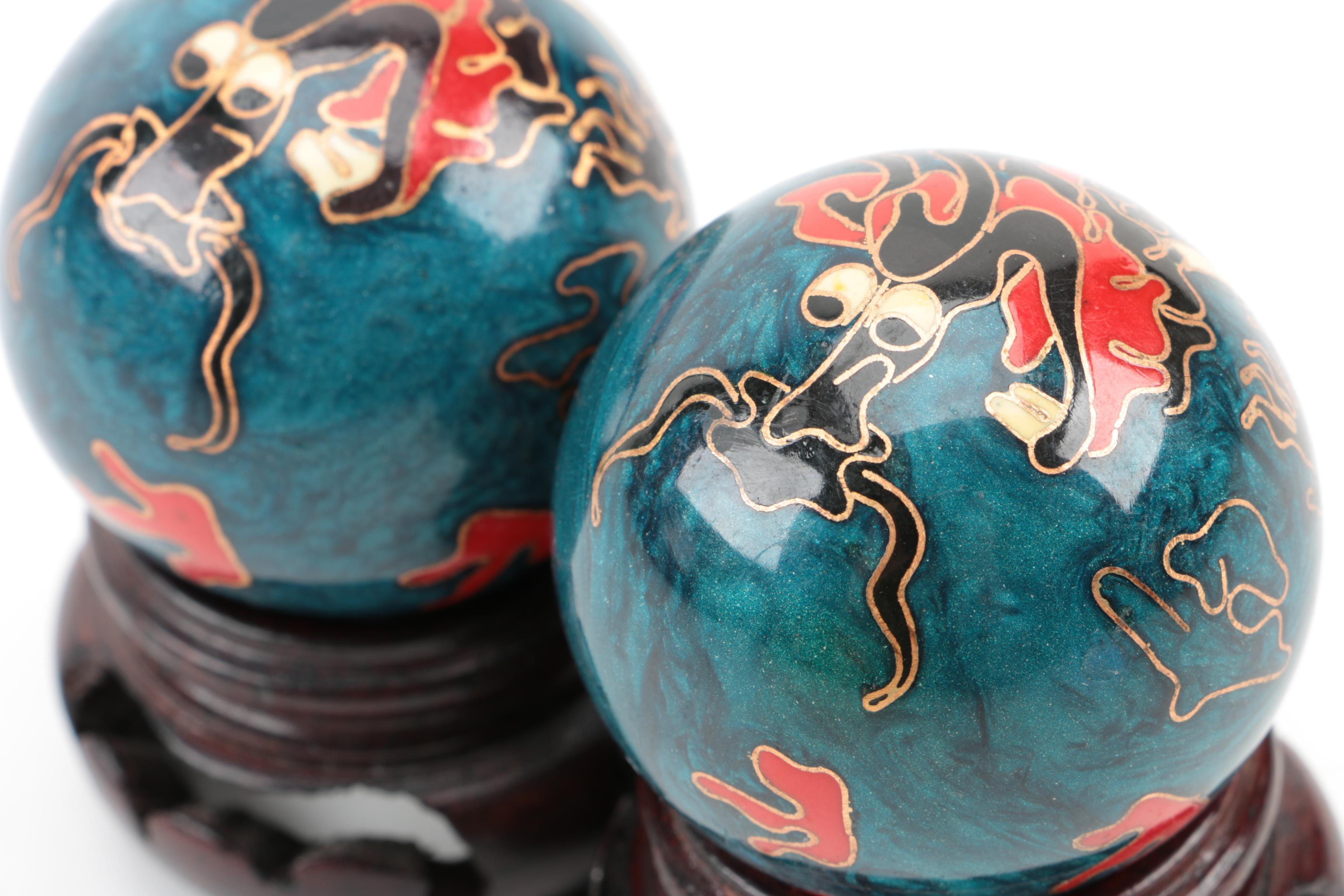 Chinese Cloisonné Baoding Meditation Balls with Stands EBTH