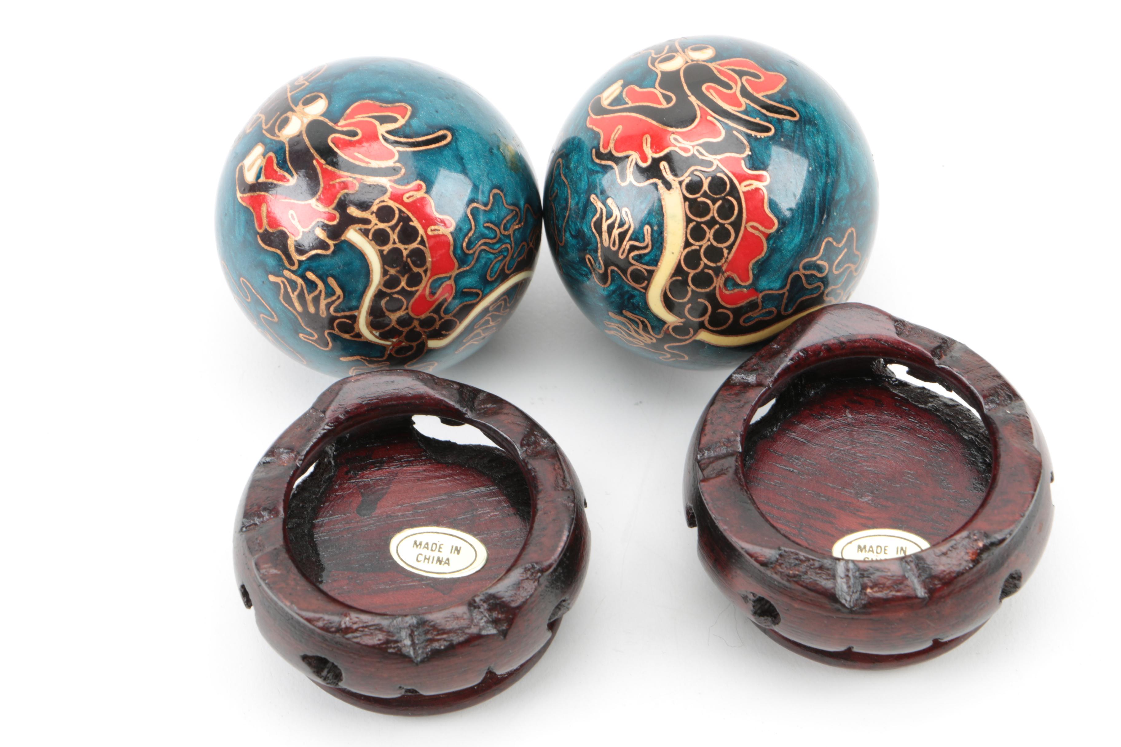 Chinese Cloisonné Baoding Meditation Balls with Stands EBTH