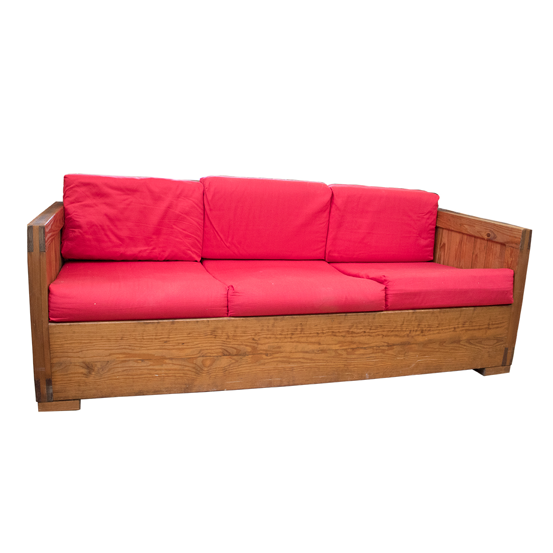 Vintage Wood Framed Sofa With Scarlet Cushions Ebth
