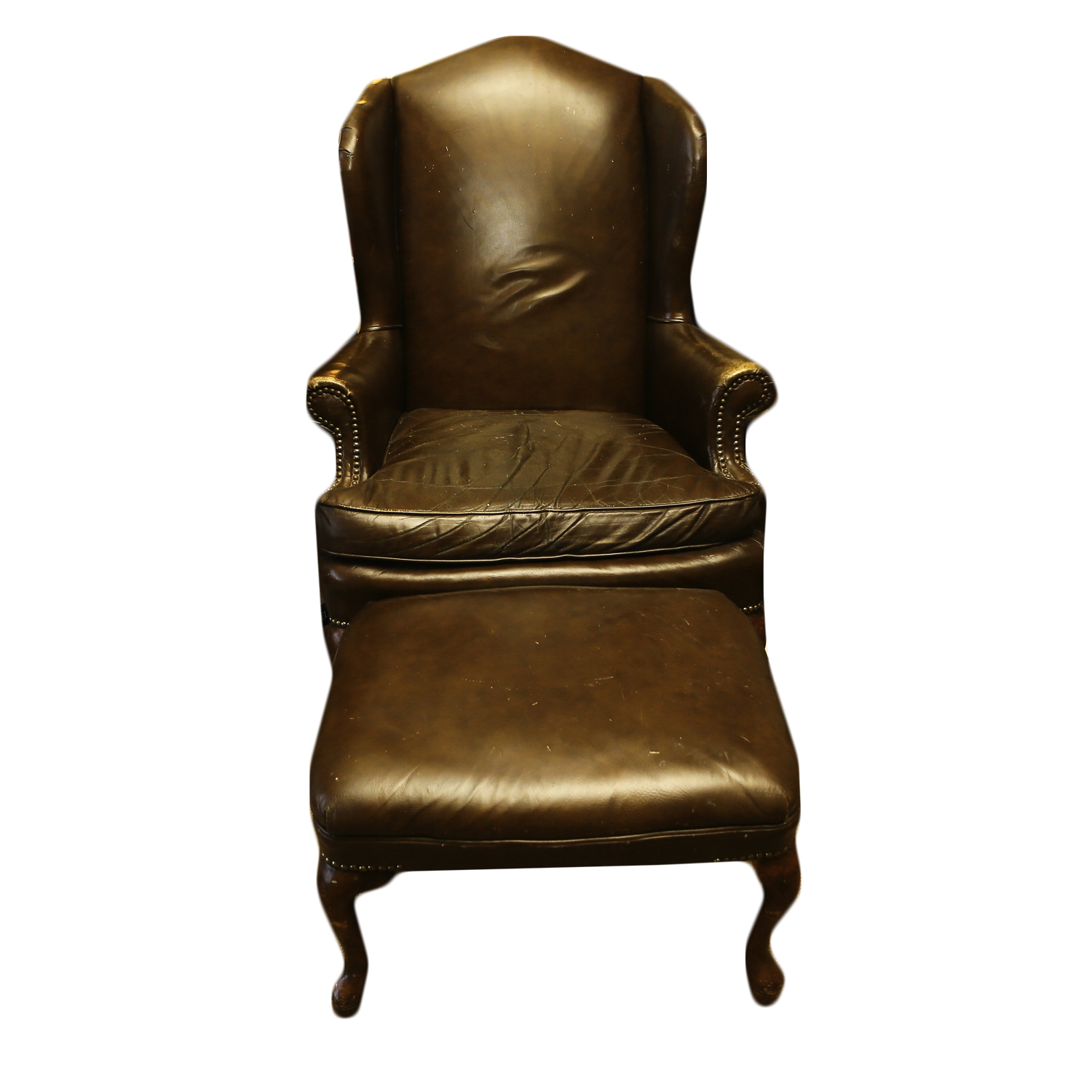 Queen Anne Style Brown Leather Wingback Chair and Ottoman ...