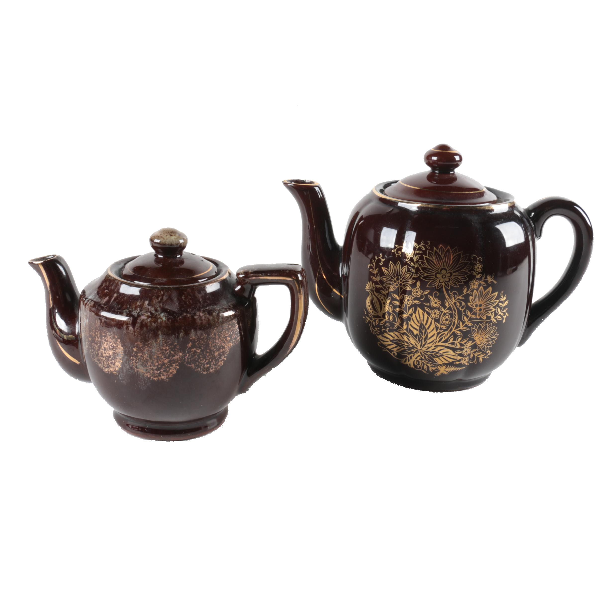 Japanese Brown Glaze Teapot with Floral Print and Other Teapot with