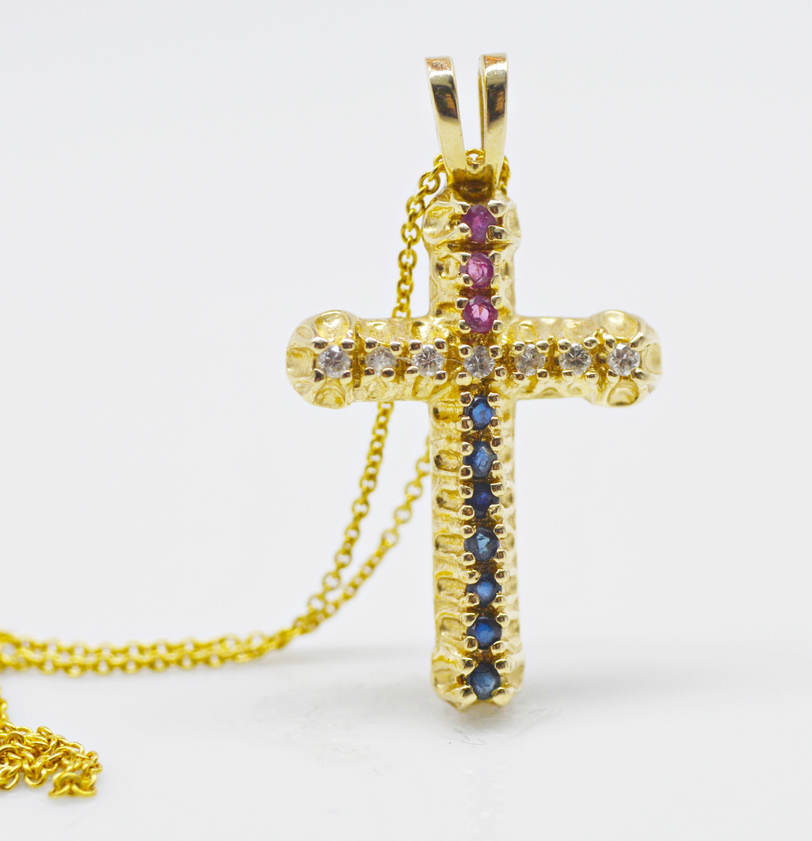 14K Yellow Gold Diamond, Sapphire and Ruby Cross Pendant Necklace | EBTH
