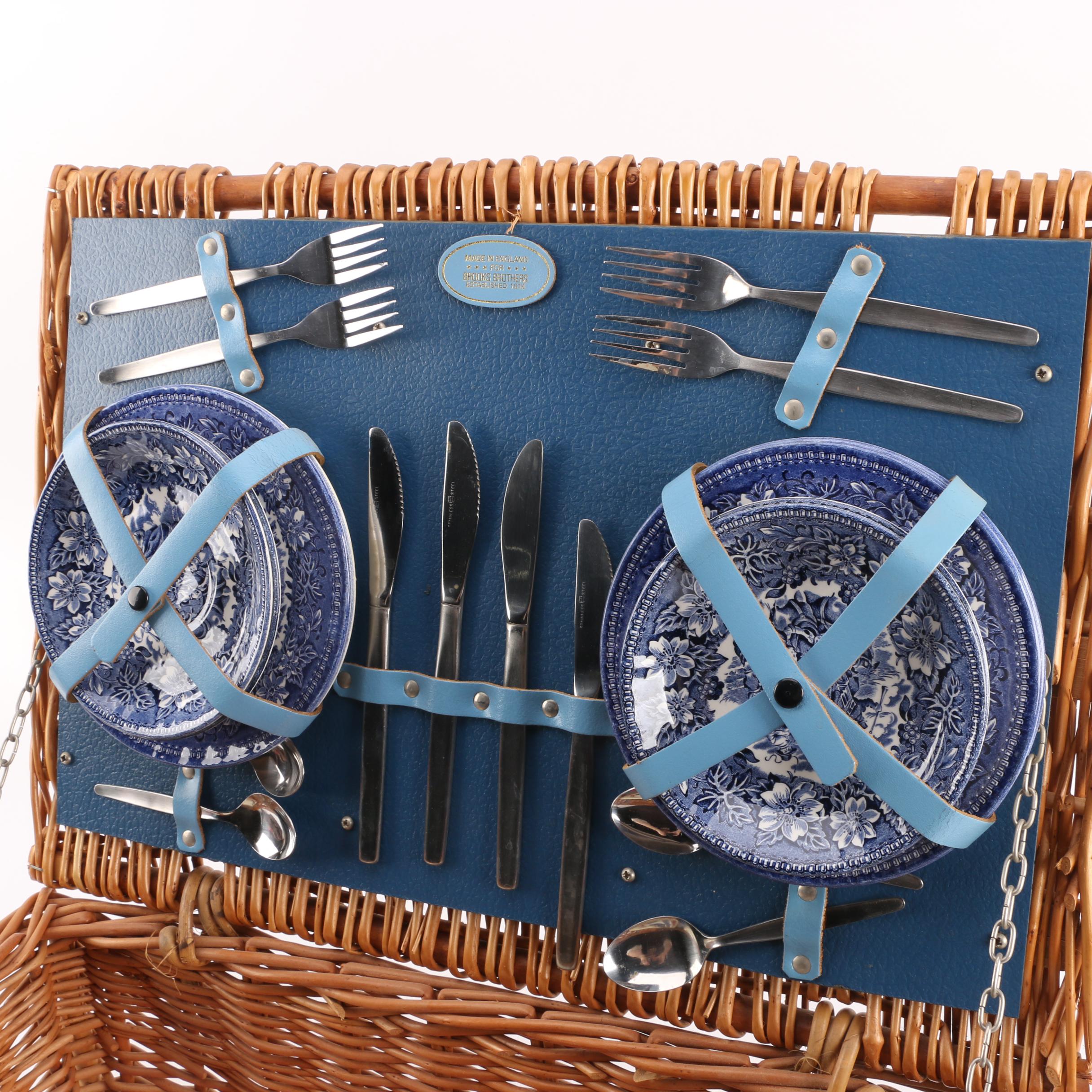 Vintage Brooks Brothers Picnic Basket with Assembled Tableware EBTH