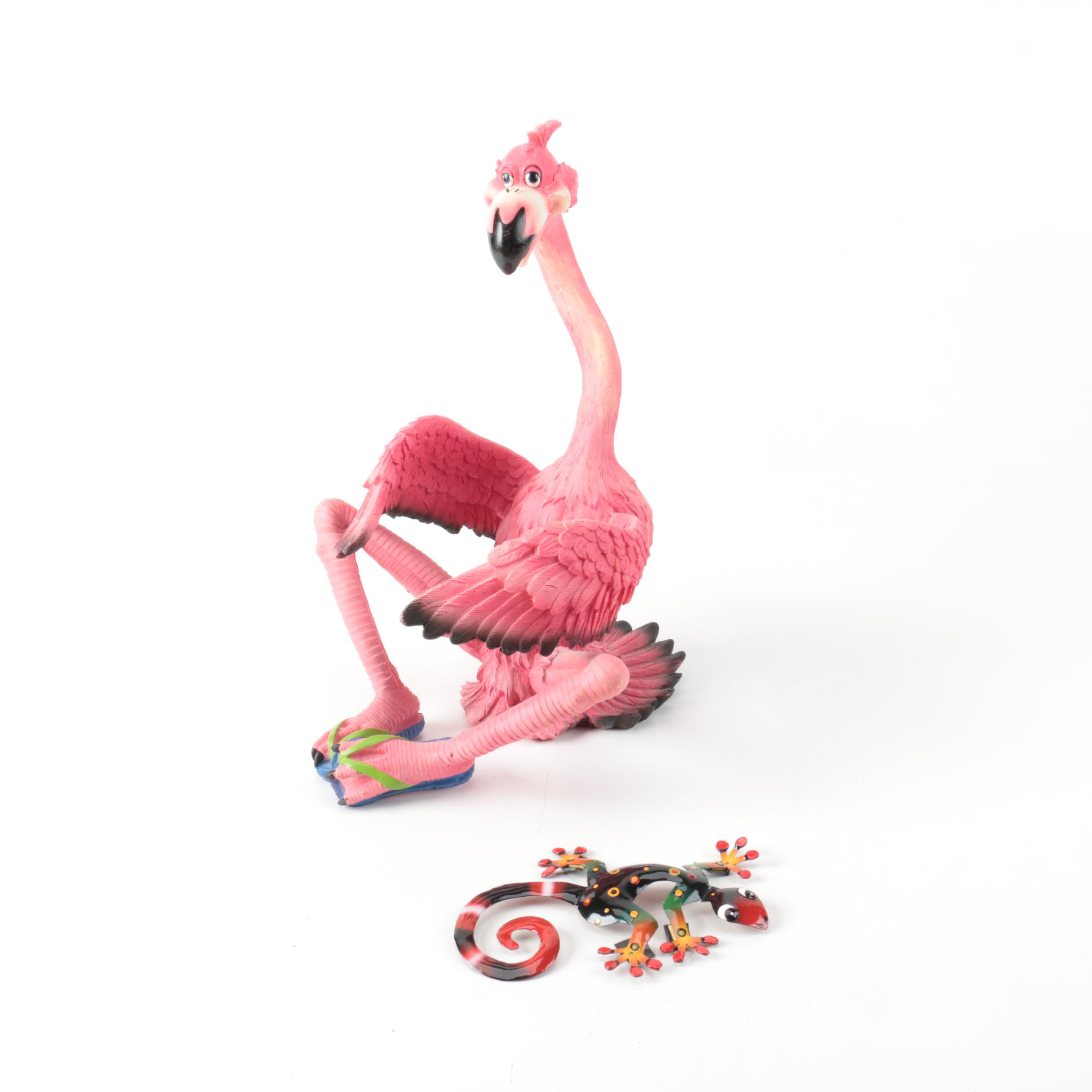 Costa Rican Gecko Figurine and Flamingo Wine Bottle Holder | EBTH