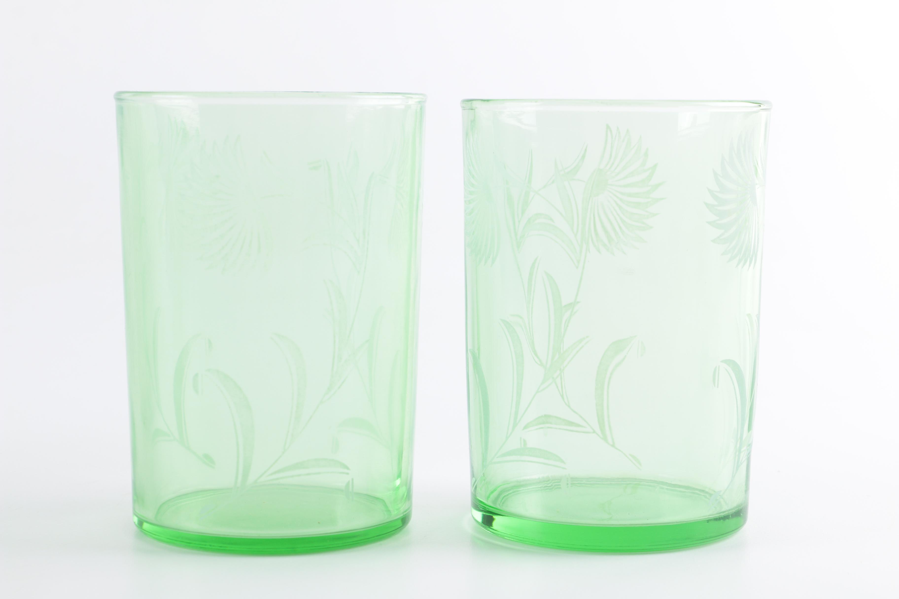 Green Glass Tumblers with Etched Floral Design EBTH