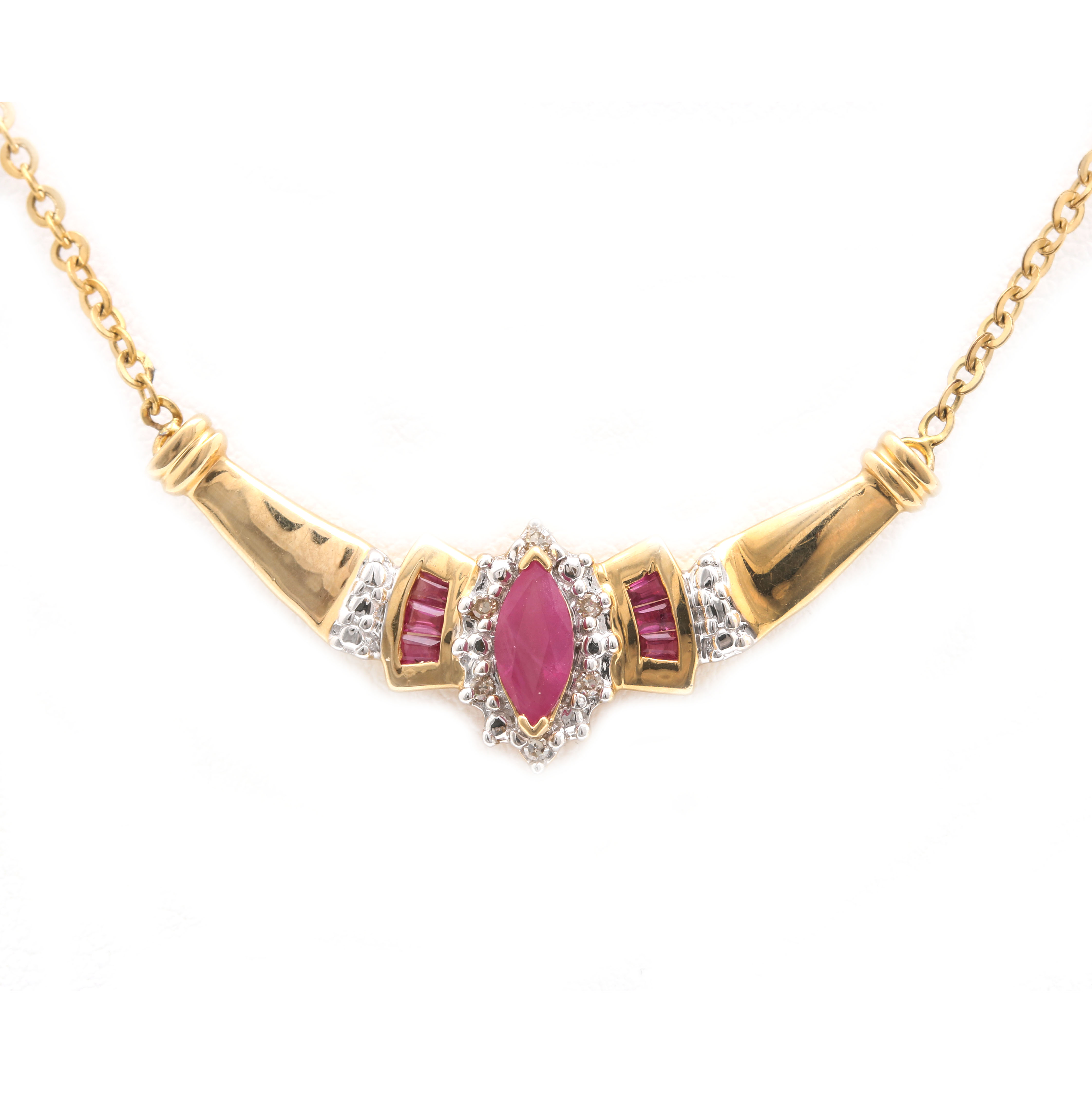 14K Yellow Gold Ruby and Diamond Pendant Necklace : EBTH