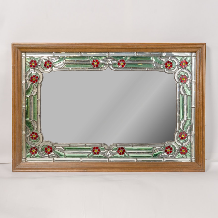 Wood Framed Mirror With Stained Gl Style Fl Motif Ebth Wood Framed Mirror With Stained Gl Style Fl Motif