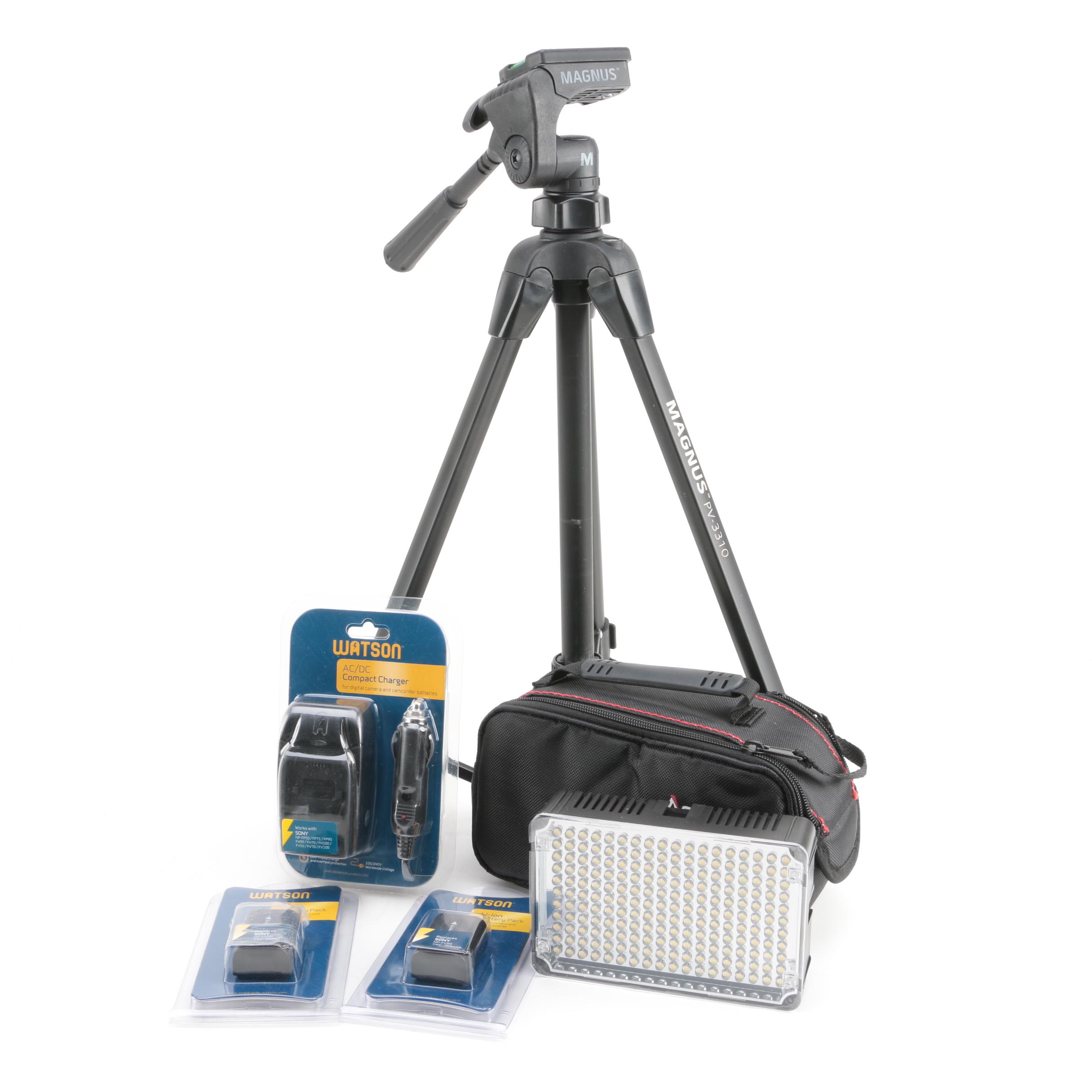Magnus Tripod, Sony HandyCam Batteries and Aputure LED Light EBTH