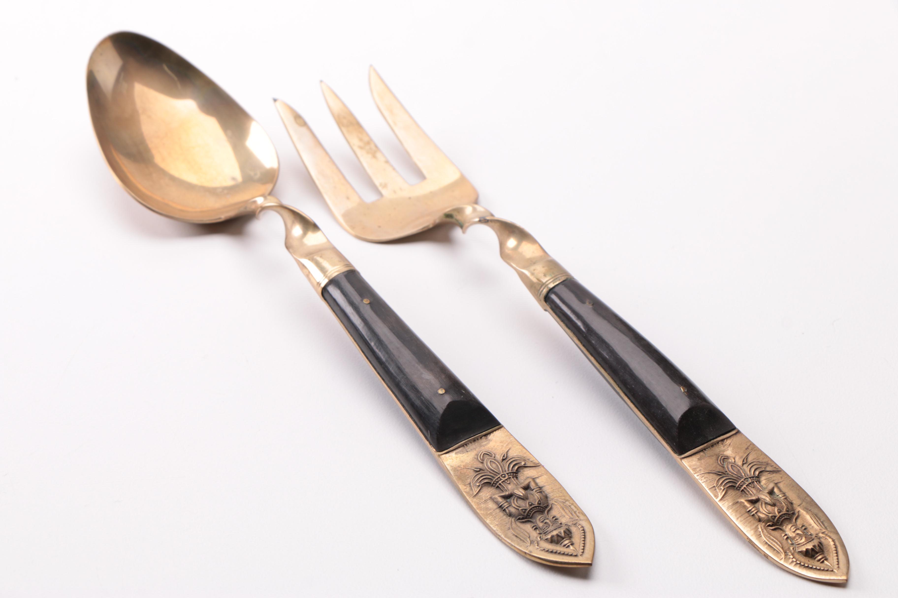 Thai Nickel Bronze Alloy Serving Utensils with Wooden Handles EBTH