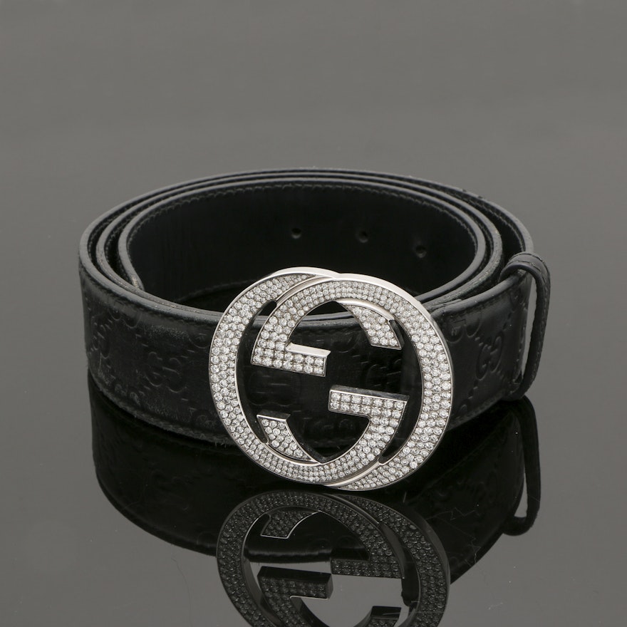 Custom Gucci 6.07 CTW Diamond and Black Leather Belt | EBTH
