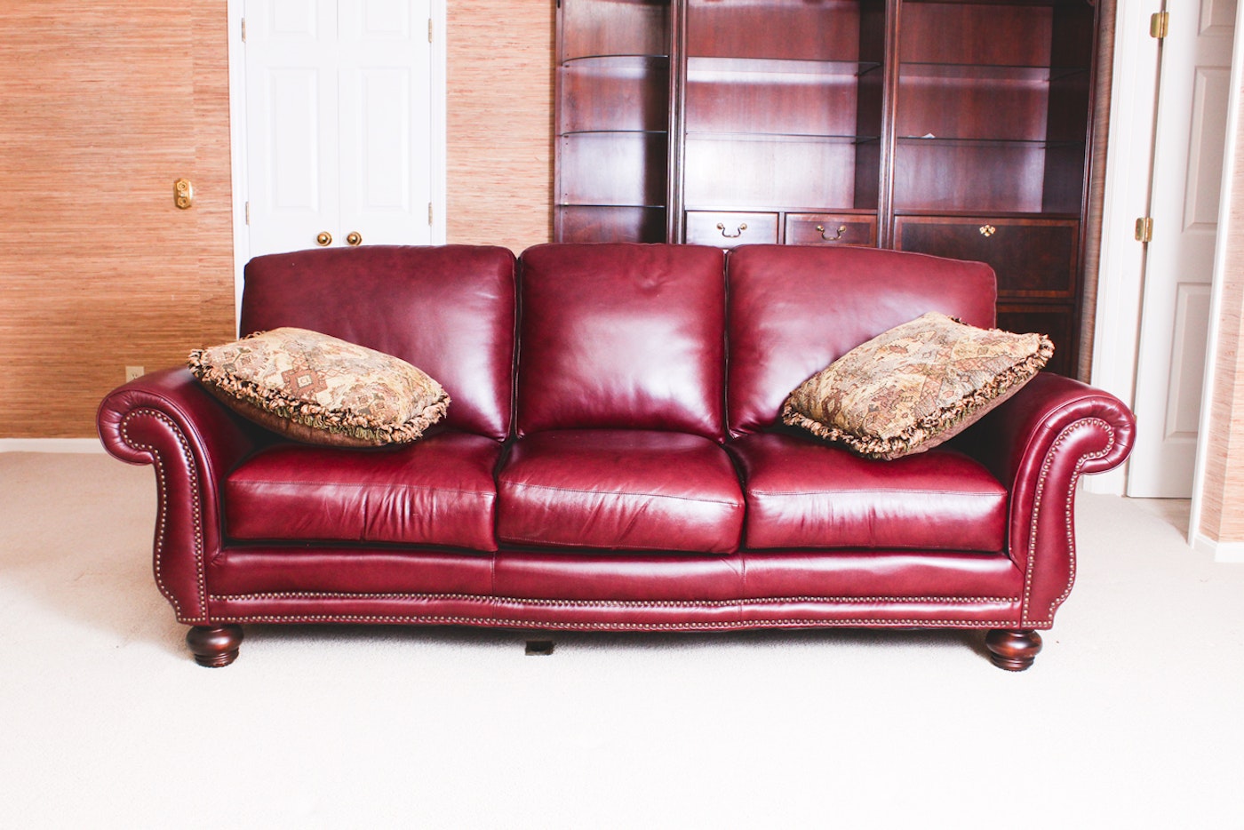 burgundy leather and fabric sofa