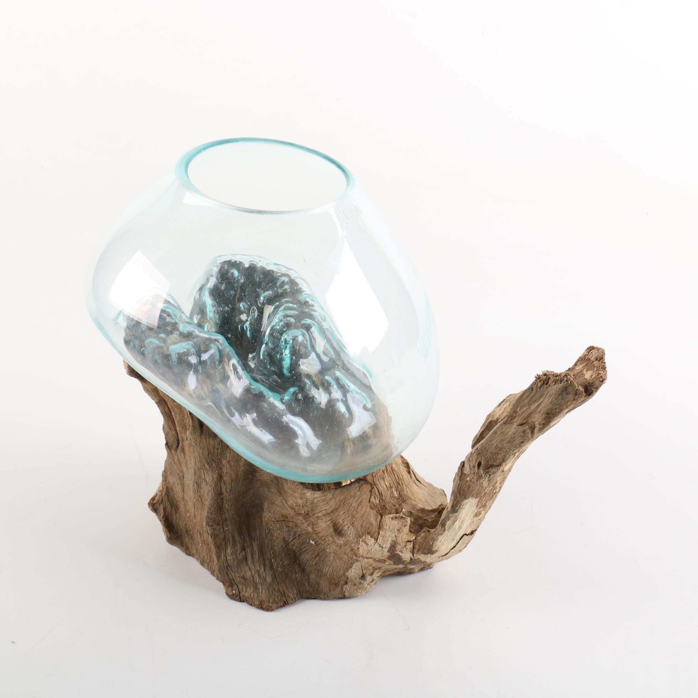 Hand Blown Glass Bowl on a Driftwood Stand EBTH
