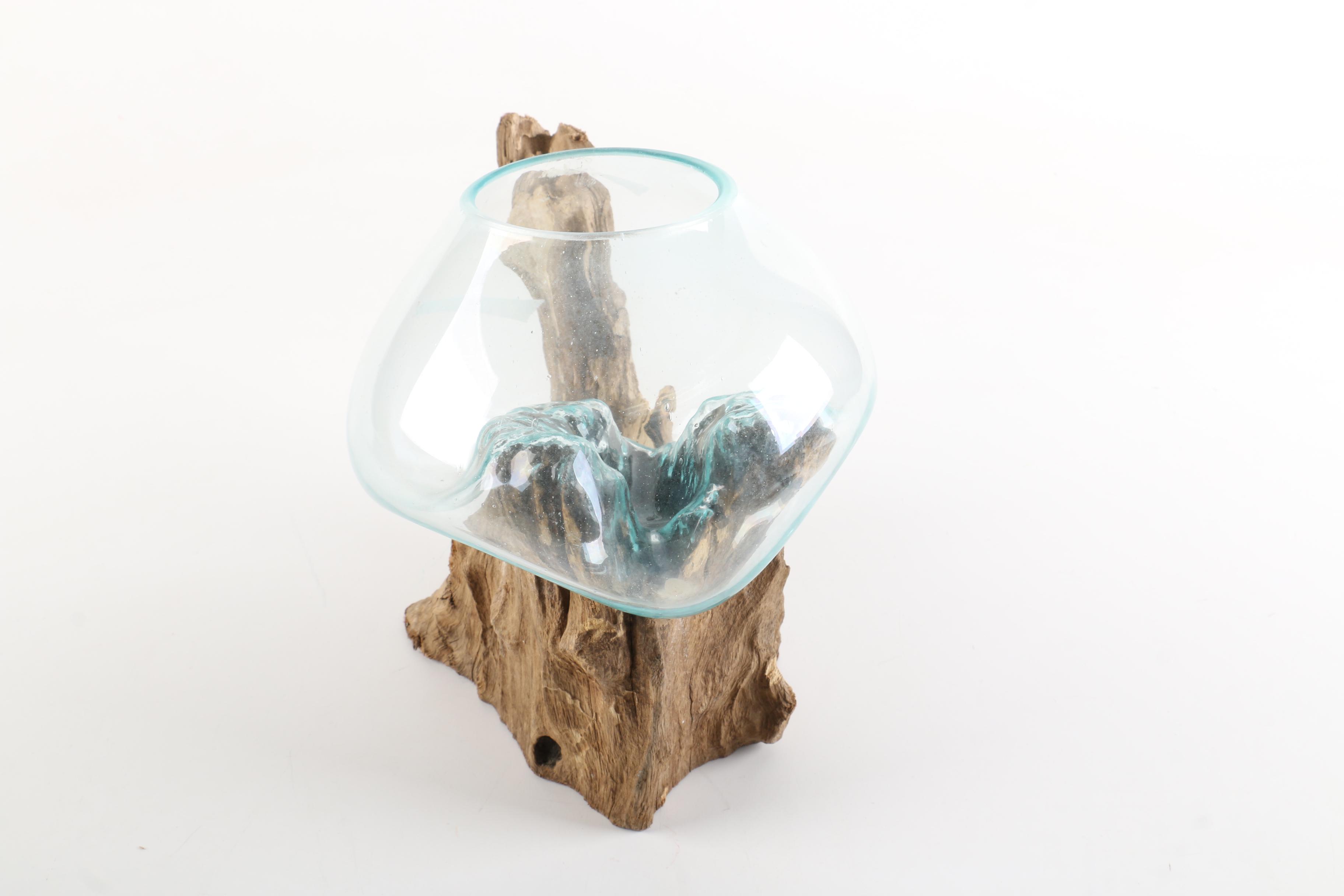 Hand Blown Glass Bowl on a Driftwood Stand EBTH